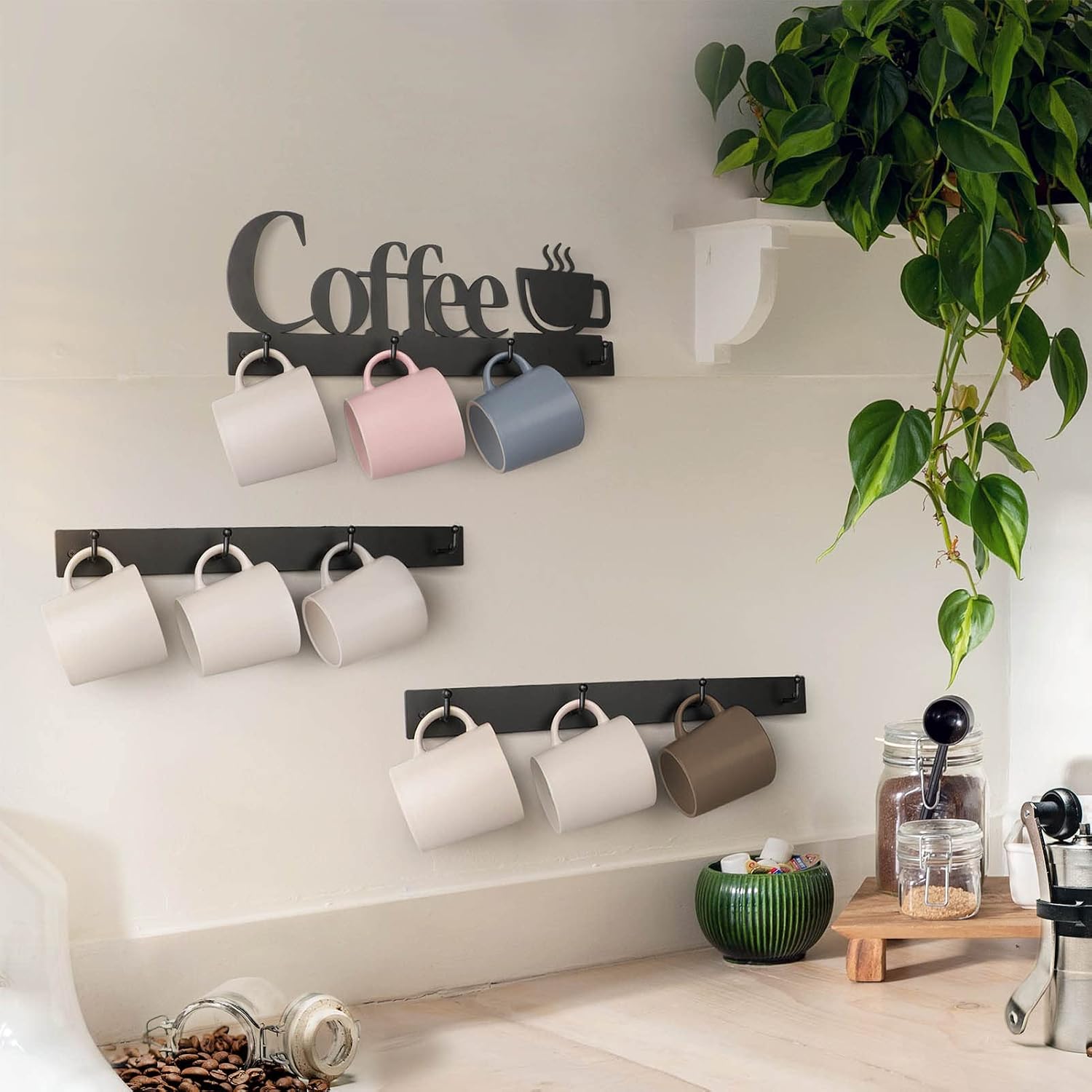 HULISEN Coffee Mug Wall Rack, Coffee Cup Holder Wall Mounted with 12 Hooks | Metal Coffee Sign, Space-Saving Cup