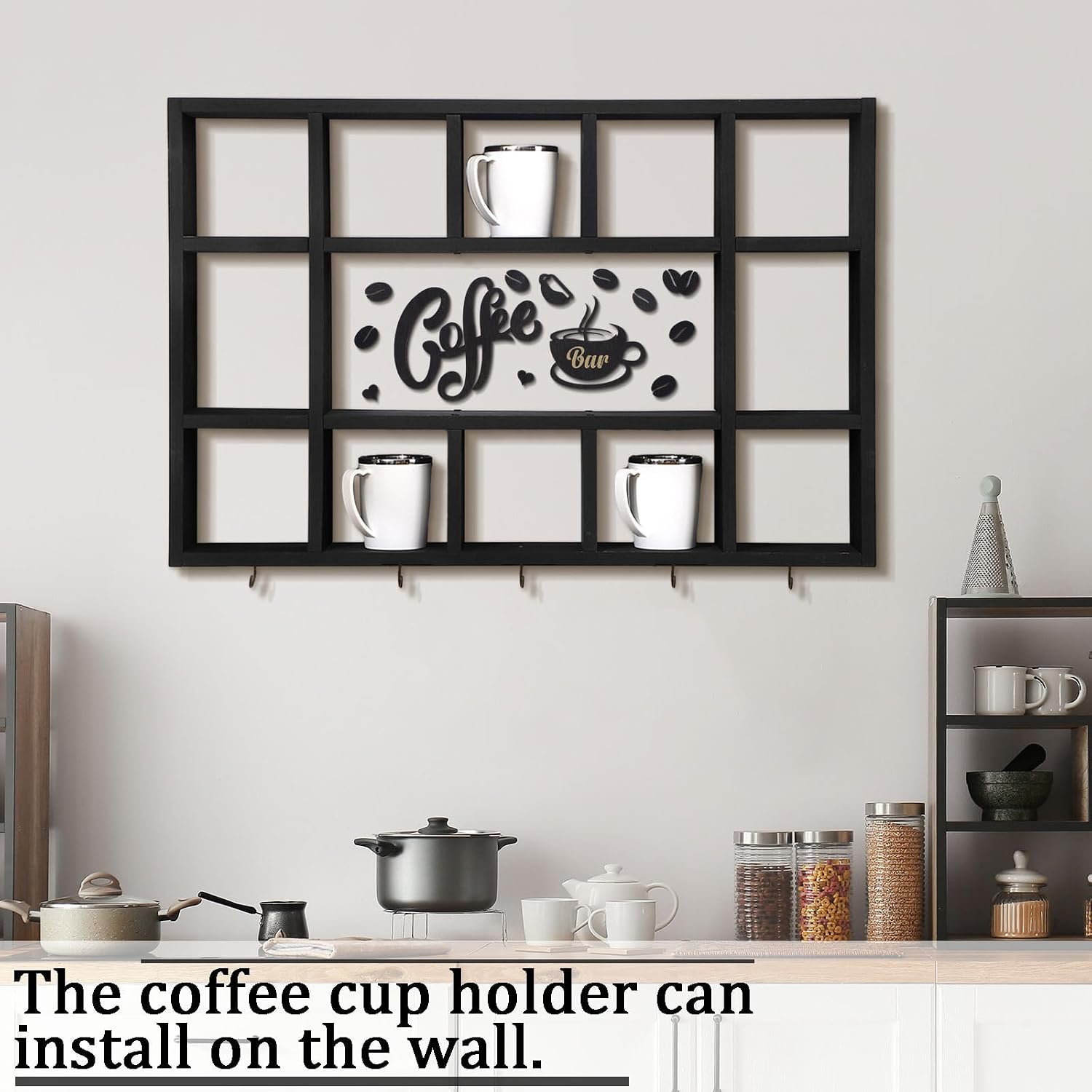 Cinnvoice Oversize Coffee Mug Display Shelf for Wall, Black | Wood Coffee Mug Rack, Wall Mounted Shelf, Cubes Cup Hooks