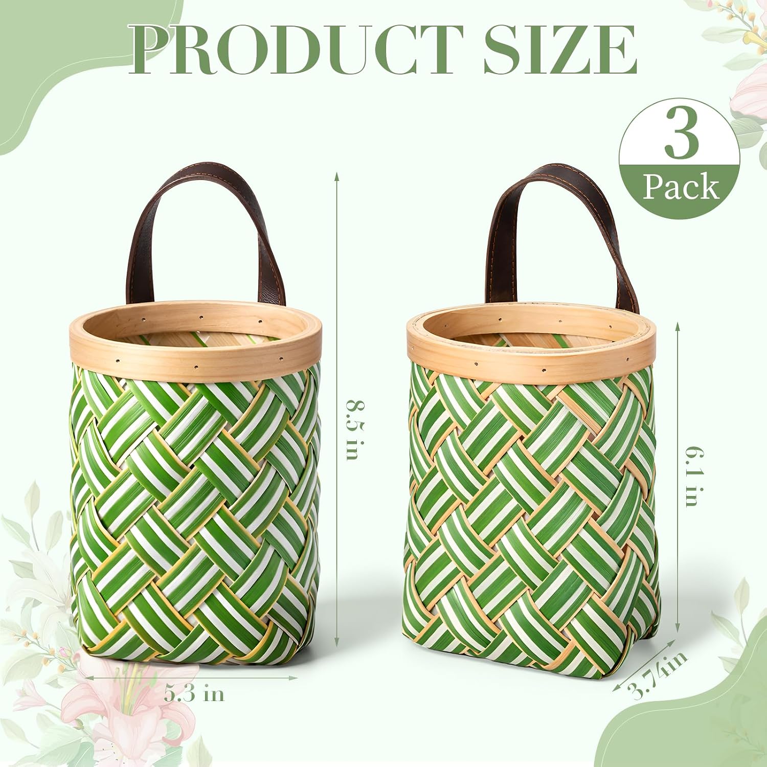 Small Wall Hanging Basket Woven Wood Storage Basket Hanging Rope / Sage Green / 6 Inch / Set of 3