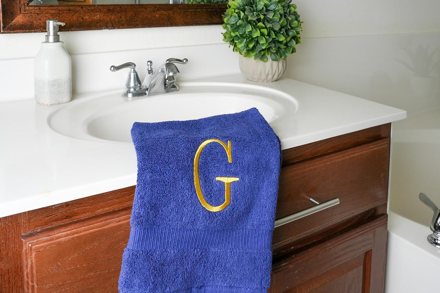 Navy with Gold Monogrammed Hand Towels for Bathroom - Set of 2 Letter G | Luxury Hotel Quality Initial Towels For