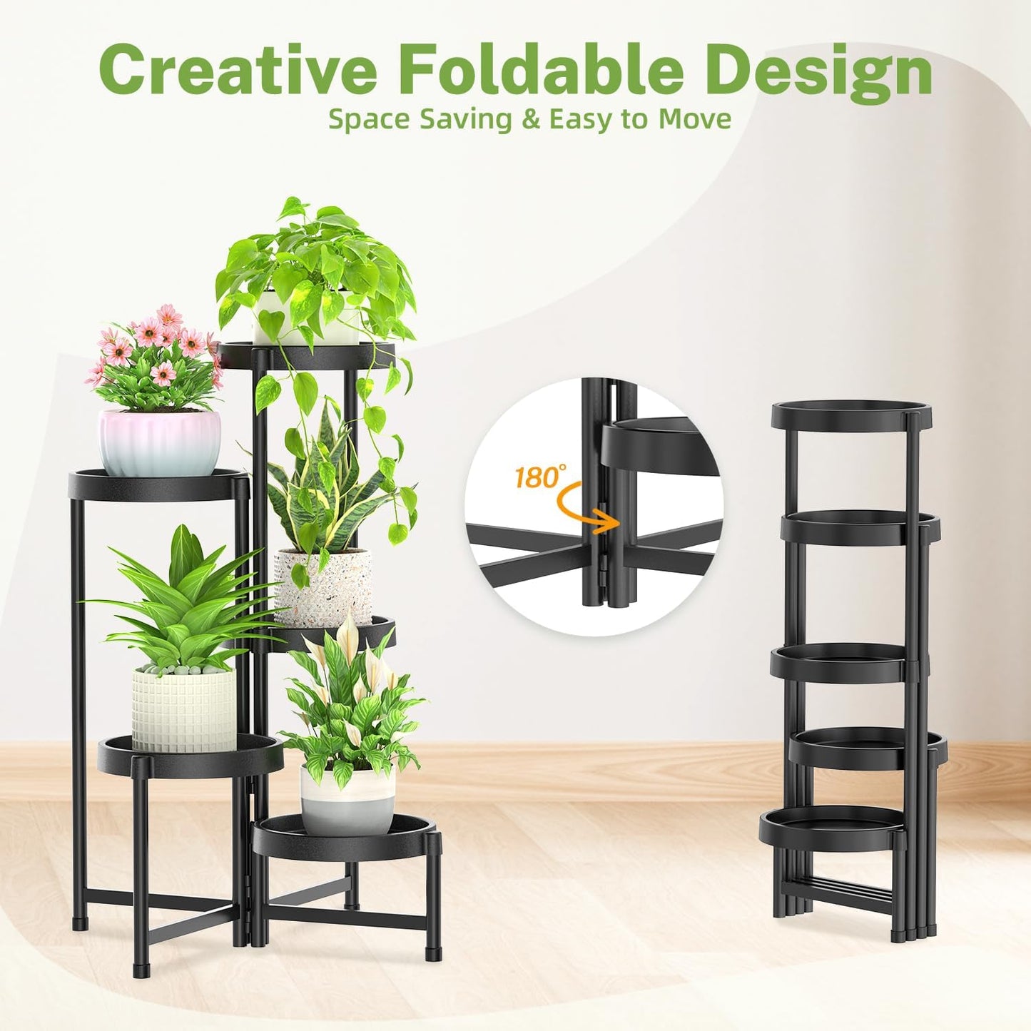 iDavosic.ly 5 Tier Folding Plant Stand Indoor Outdoor, Plastic Tray, Black | Space Saving Tiered Corner Storage Display