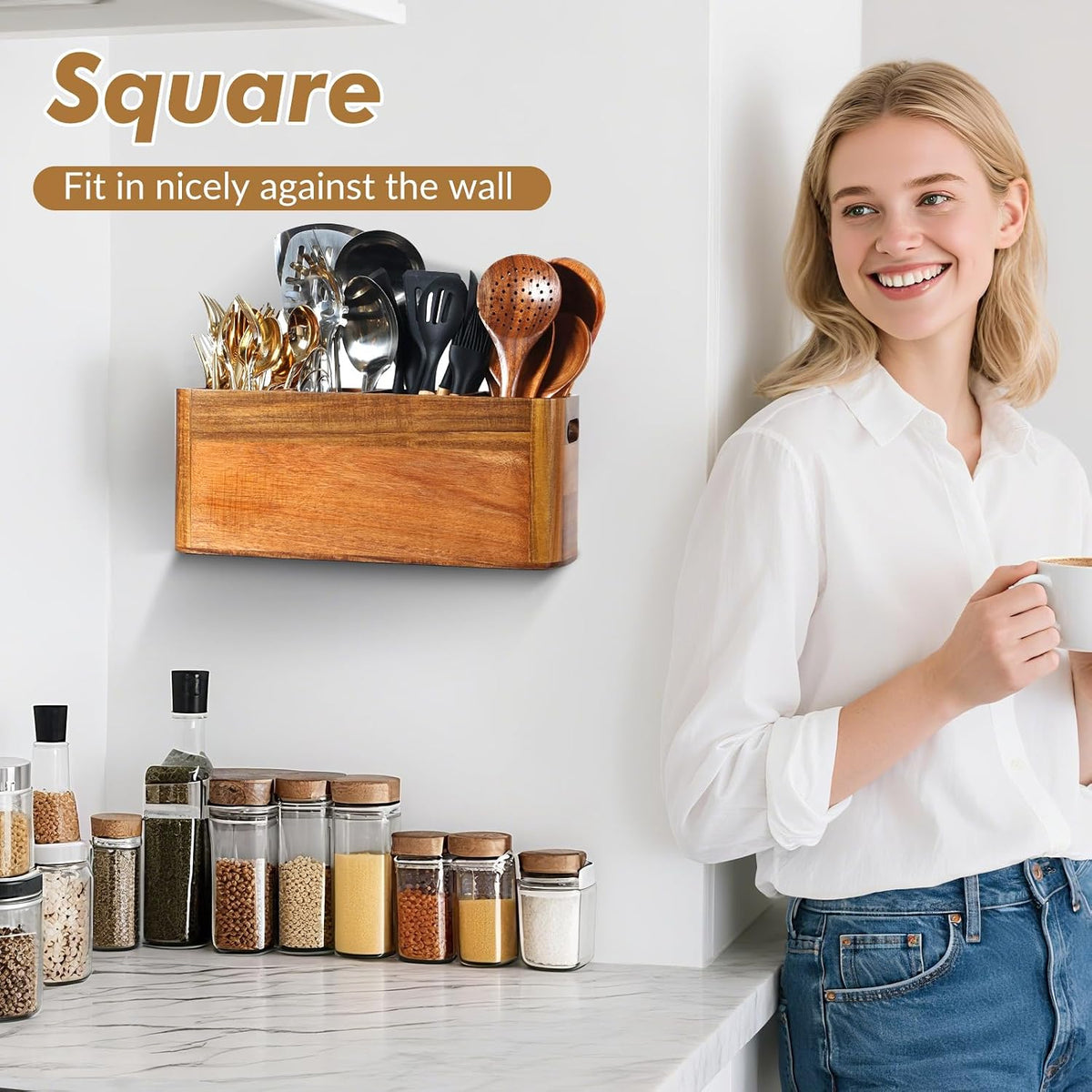 Kitchen Utensil Holder for Counter or Countertop, Extra Large Acacia Wood Organizer with 4 Compartments, Wooden Storage