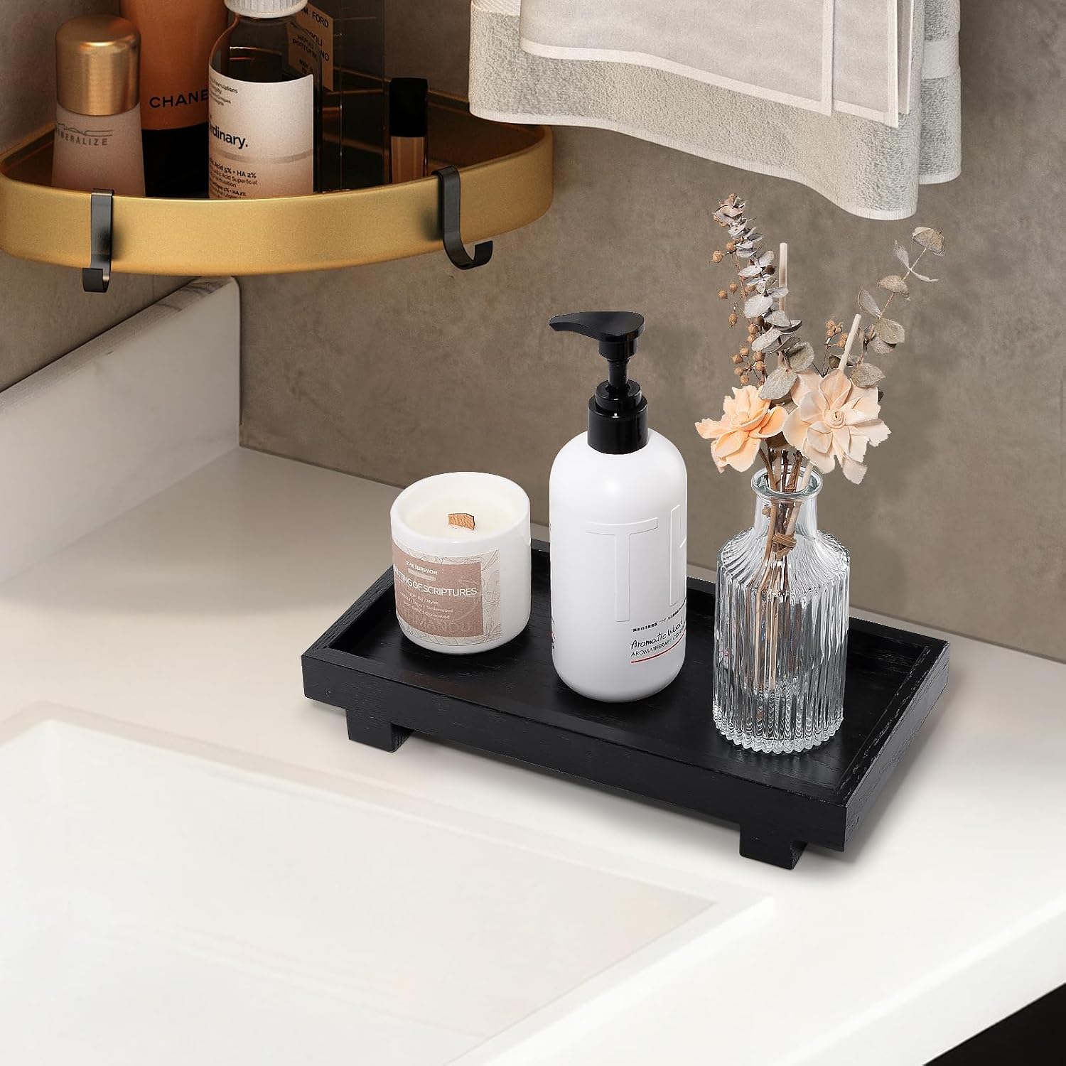 Decorative Tray Small Pedestal Stand Farmhouse Bathroom Decor Wooden / Black / 10.8 x 5.3 x 1.7