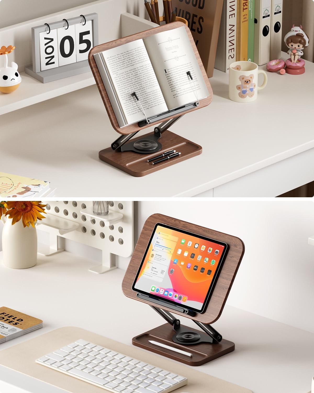 Viozon Book Stand for Reading, Book Holder 360° Rotating Base with Pen Slot, Foldable Reading Display Stand with