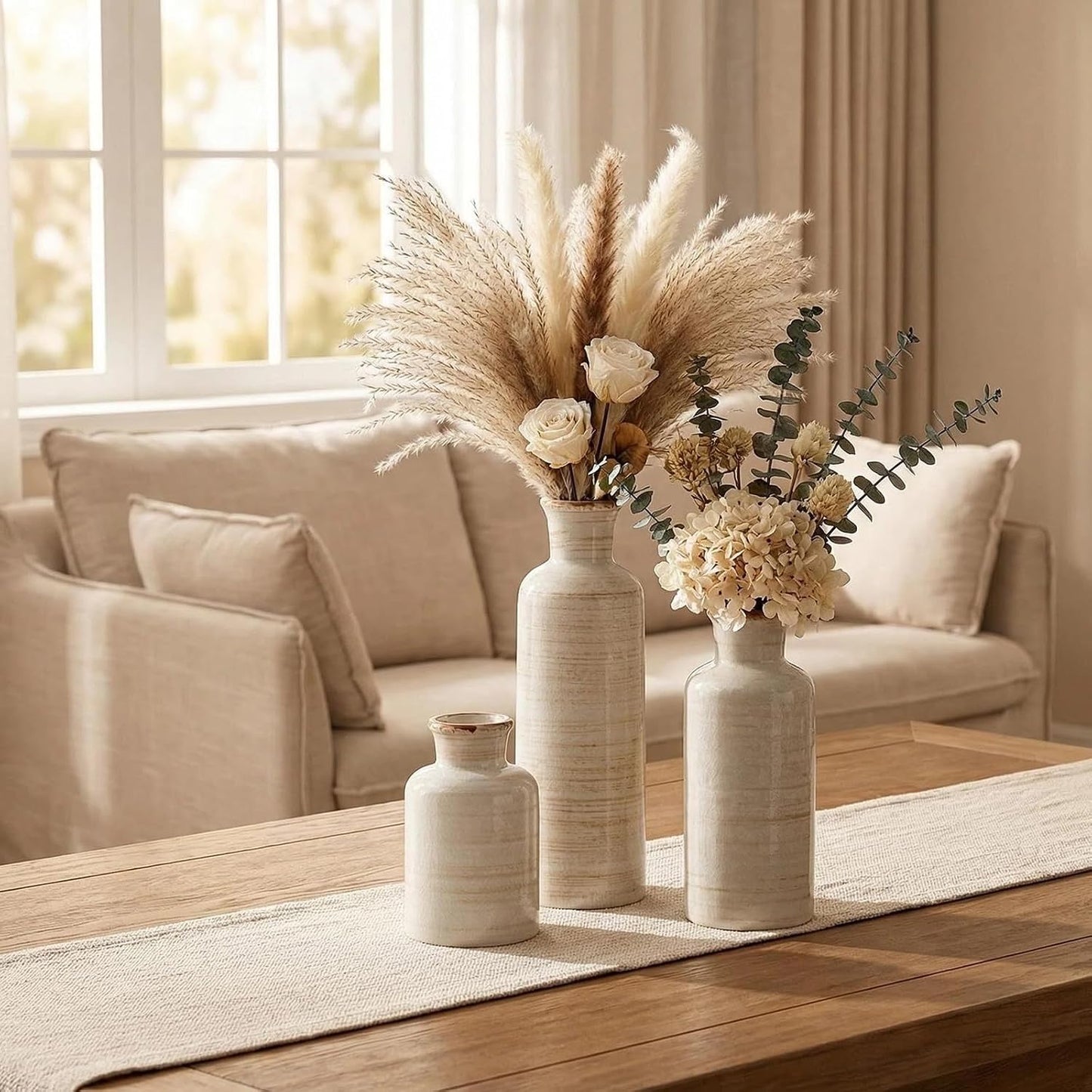 Ceramic Rustic Vase 3 Piece Set / Ivory