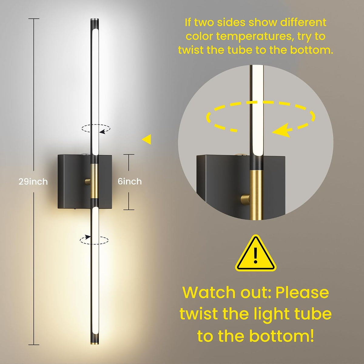 10000mAh Battery Operated Wall Sconces Set of 2, Black Gold-29Inch | 3CCT, Renter Friendly, Rechargeable, Remote, 360°