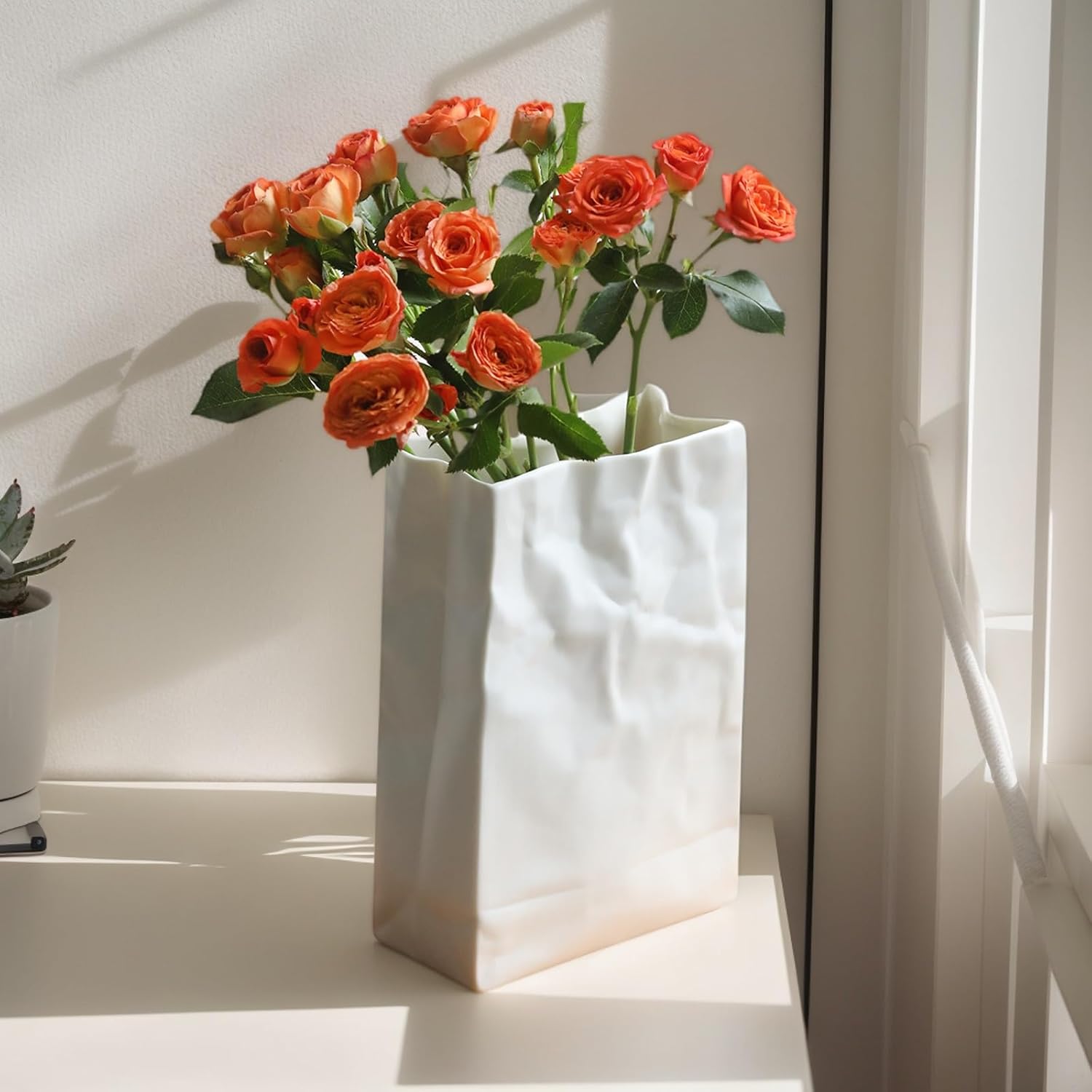 Crinkle Paper Bag Ceramic Vase / White / 7.5 Inch