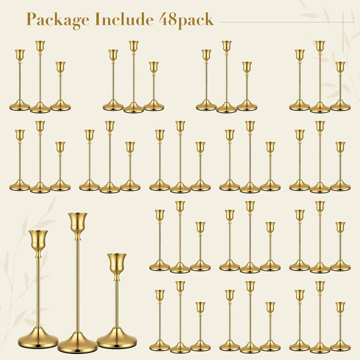 48Pack （16 Sets） Brass Gold Metal Taper Candle Holders Candlestick Holders - Candle Holder for Halloween Decorations
