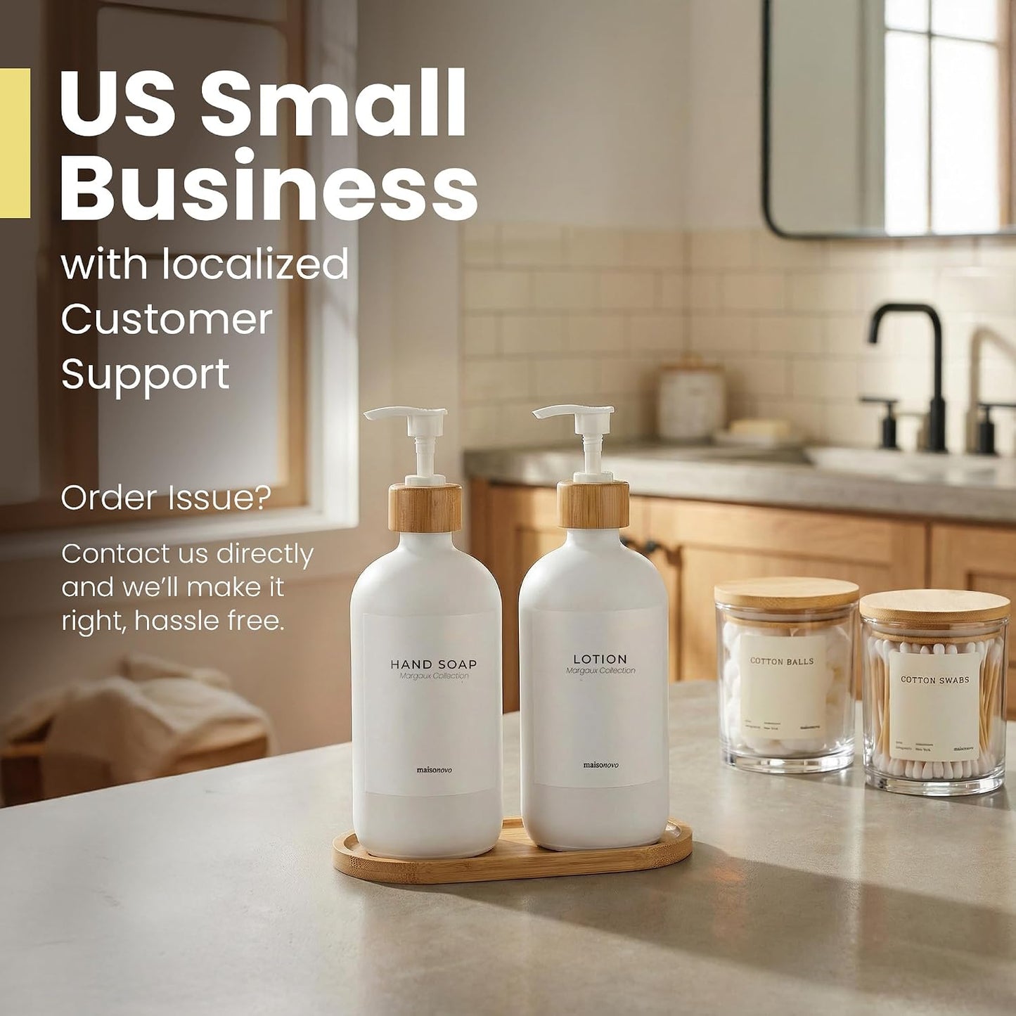 Maisonovo Soap Dispenser Set - White Soap Dispenser White Bamboo Pumps | Glass bottles for body wash, lotion, shampoo