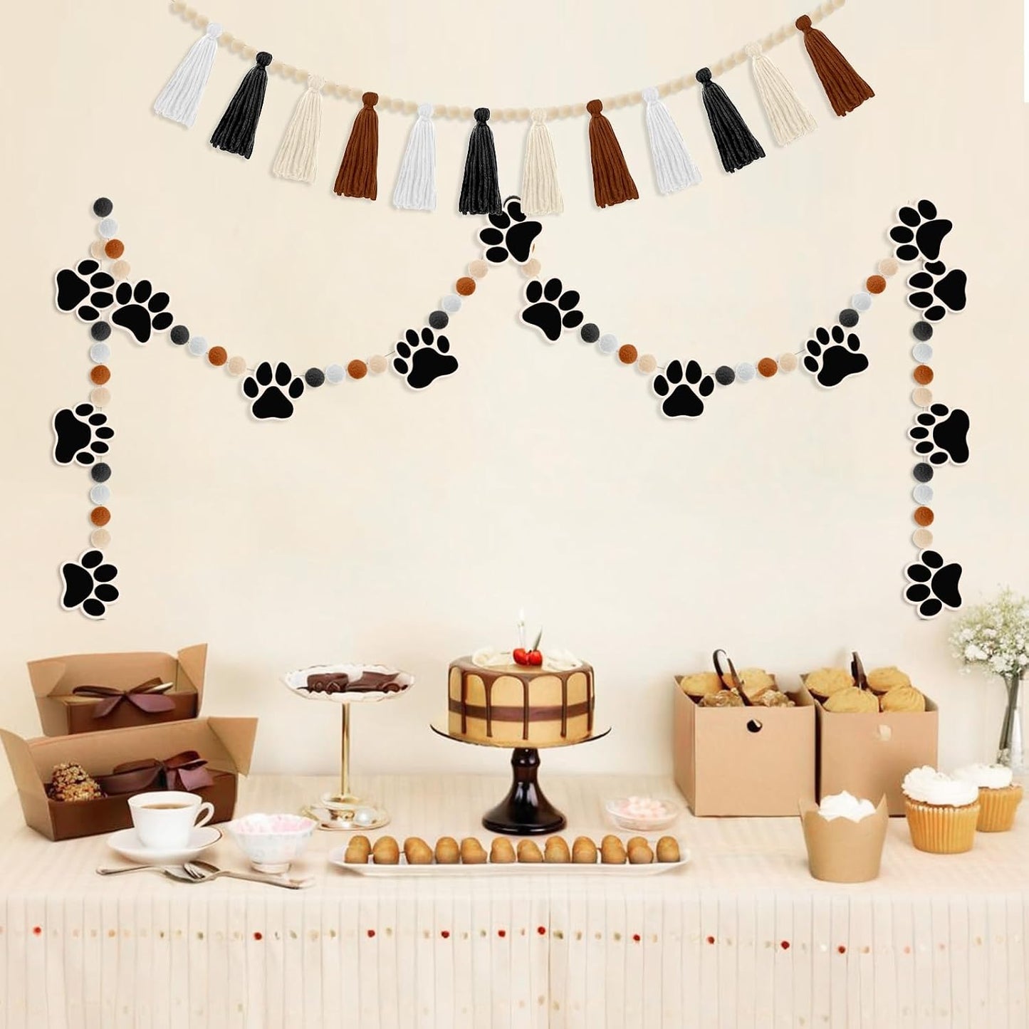 Wood Beads and Pom Pom Felt Balls Garlands / Black and Brown / Set of 2
