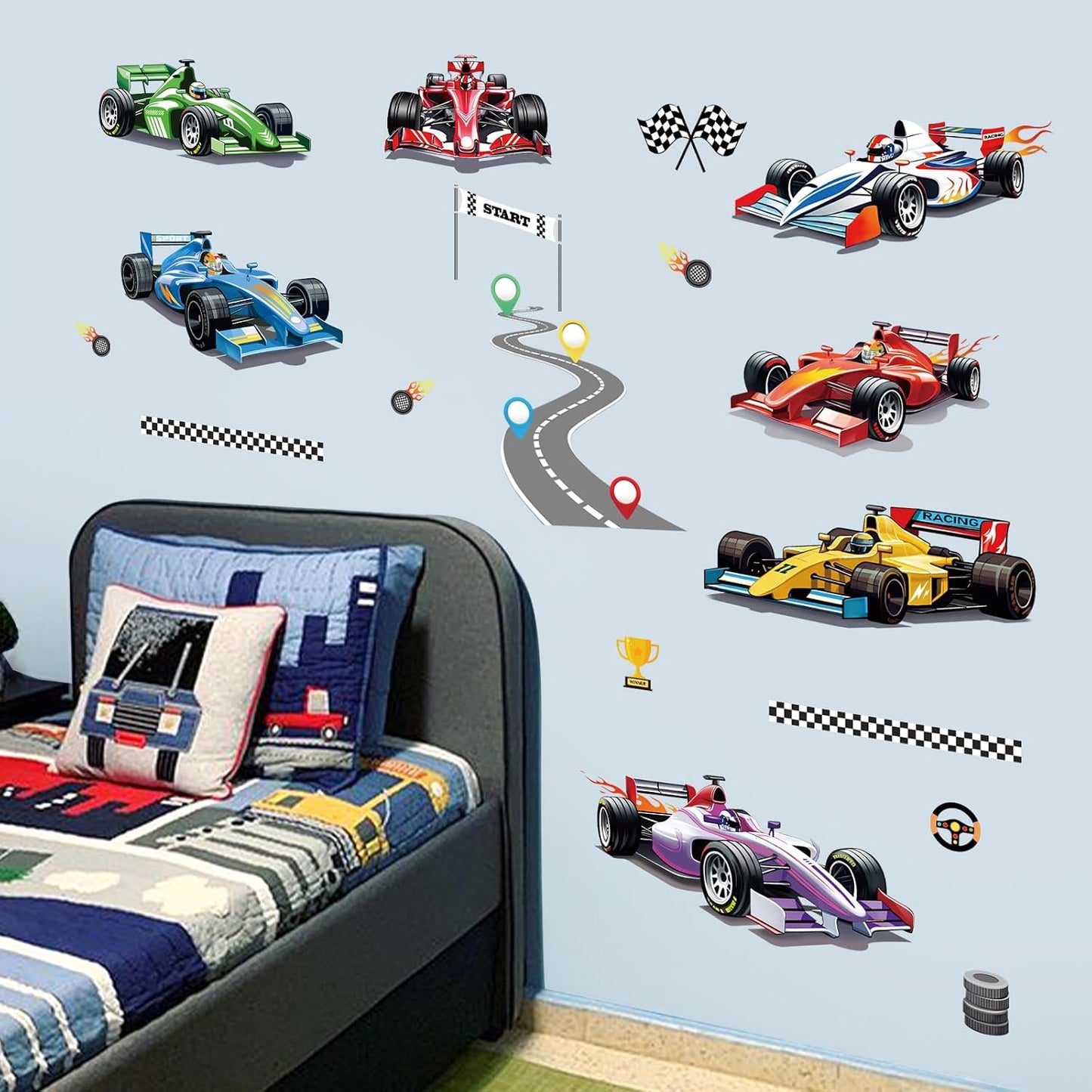 Racing Car Wall Stickers Vehicles Roads Peel and Stick Wall Art Decals for Kids Bedroom Boys / A
