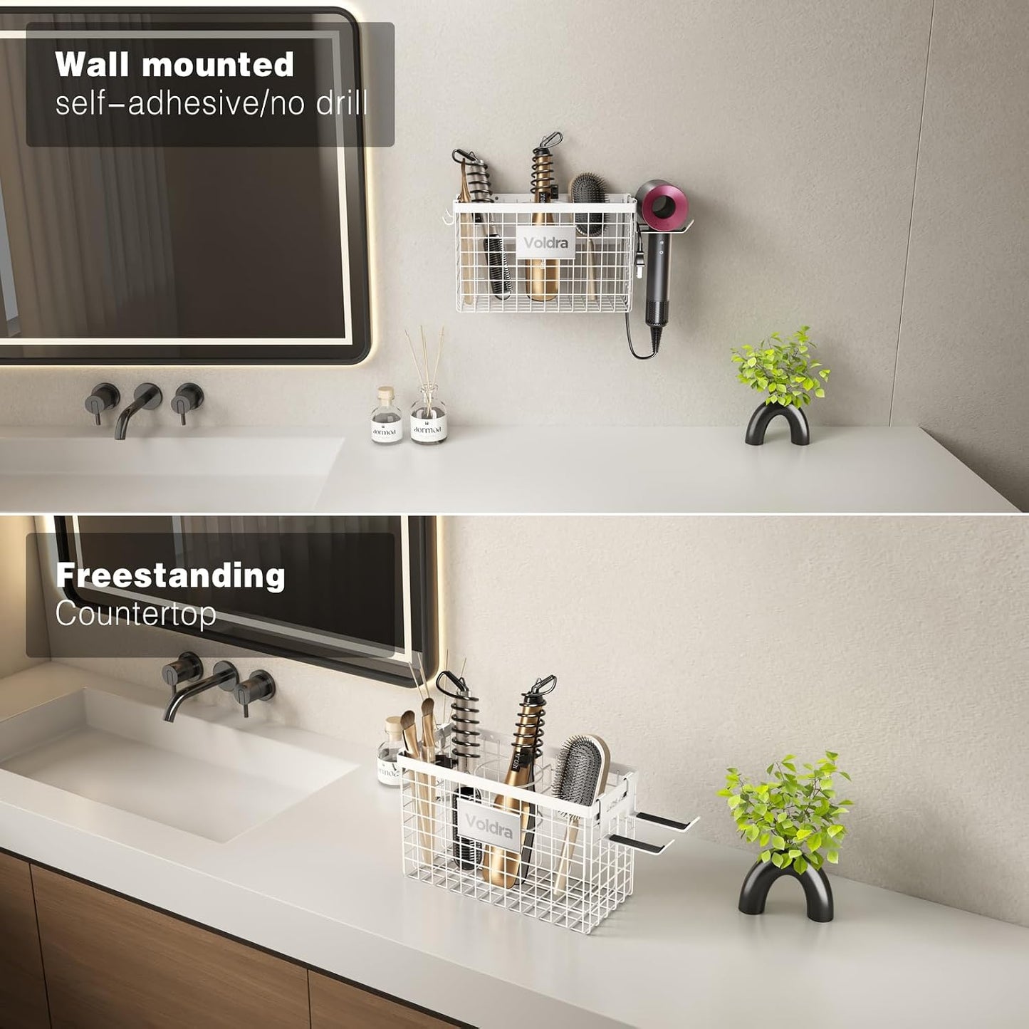 Voldra Hair Dryer Holder Cabinet Door, Adhesive Hair Tool Organizer Wall Mount Adjustable Height Blow Dryer Holder