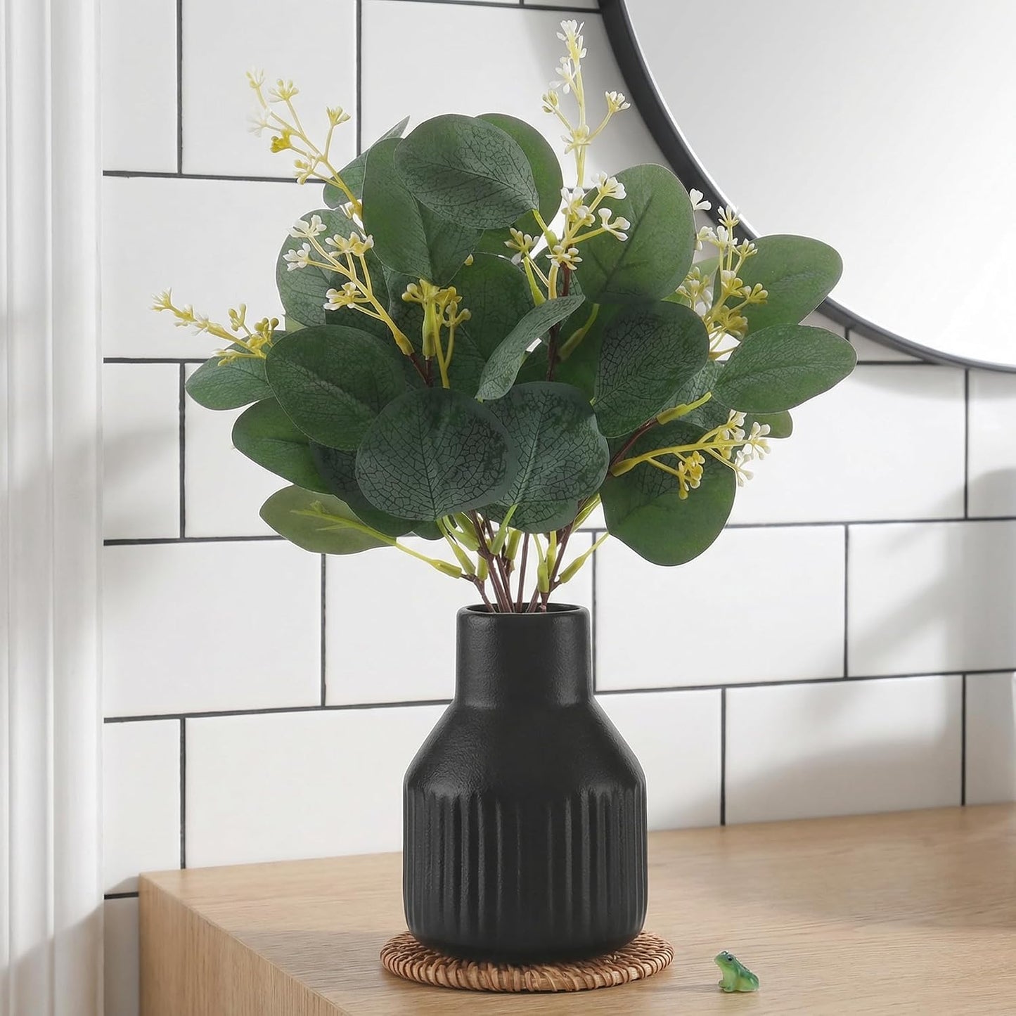 Artificial Eucalyptus Greenery Stems in Ceramic Vase / Black / Set of 10