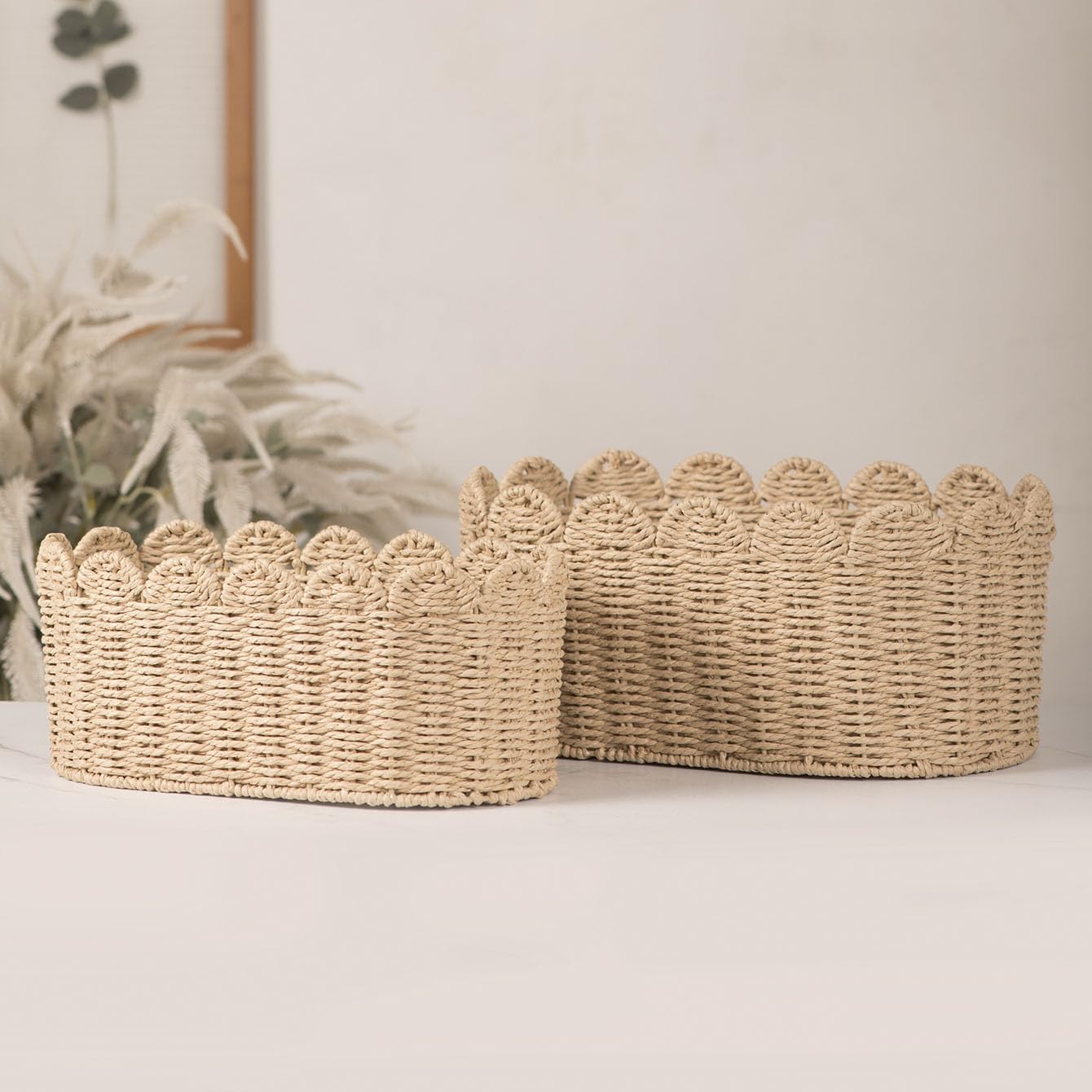 Scalloped Basket / Hand Woven Baskets / Ellipse-16"l x 10"W x 7"H / Natural / Set of 2