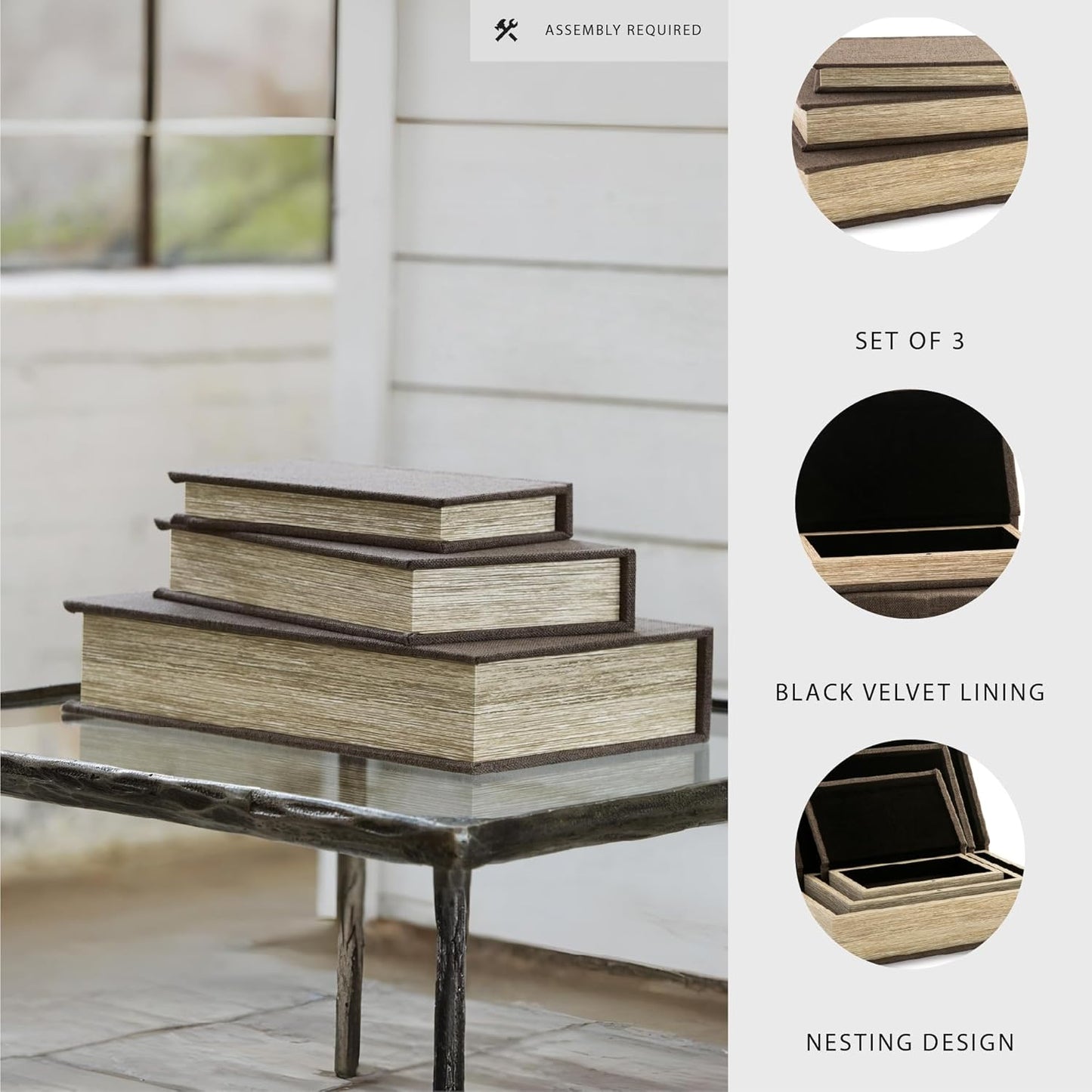 Jolina Vintage 3 Piece Faux Book Keepsake Storage Box Set / Dark Brown