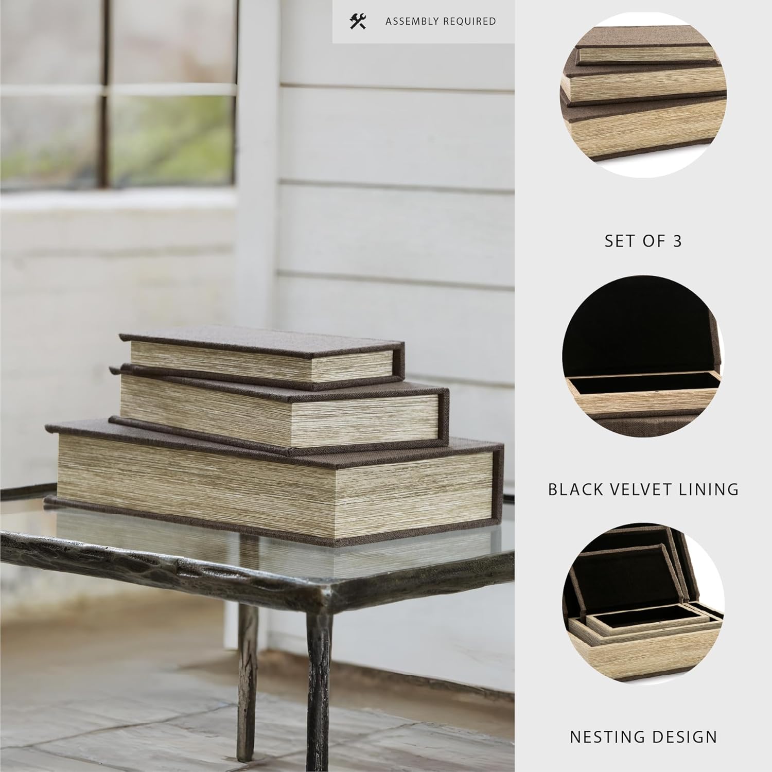 Jolina Vintage 3 Piece Faux Book Keepsake Storage Box Set / Dark Brown