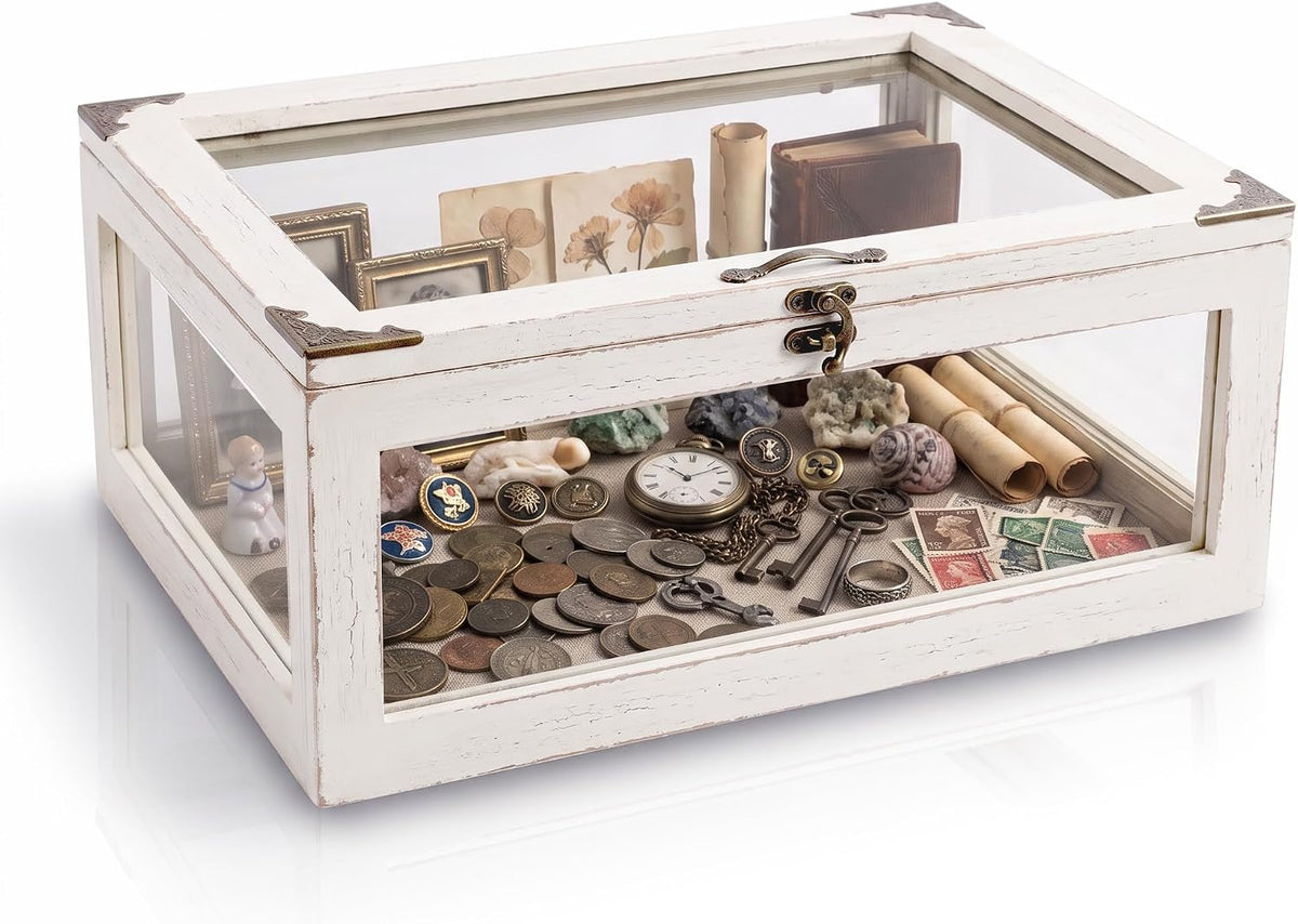 Shadow Box Display Case 11x14 Deep with Glass on 4 Sides, White Solid Wood Memory Box with 6.2" Overall Depth, Wall