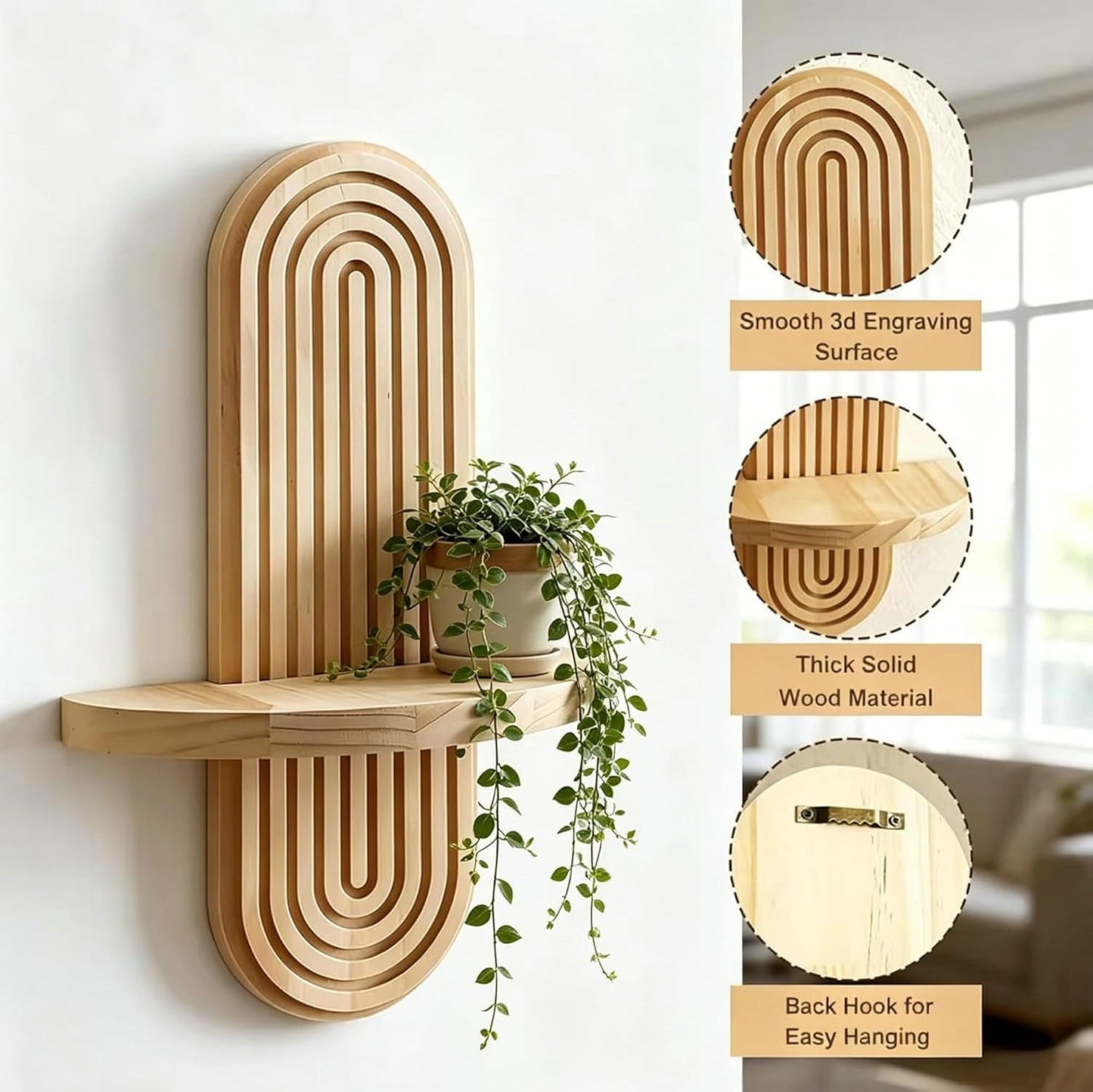 Wood Boho Arched Wall Shelf for Mini Plants & Decor / Natural / 11.8 x 7.8 / Set of 2
