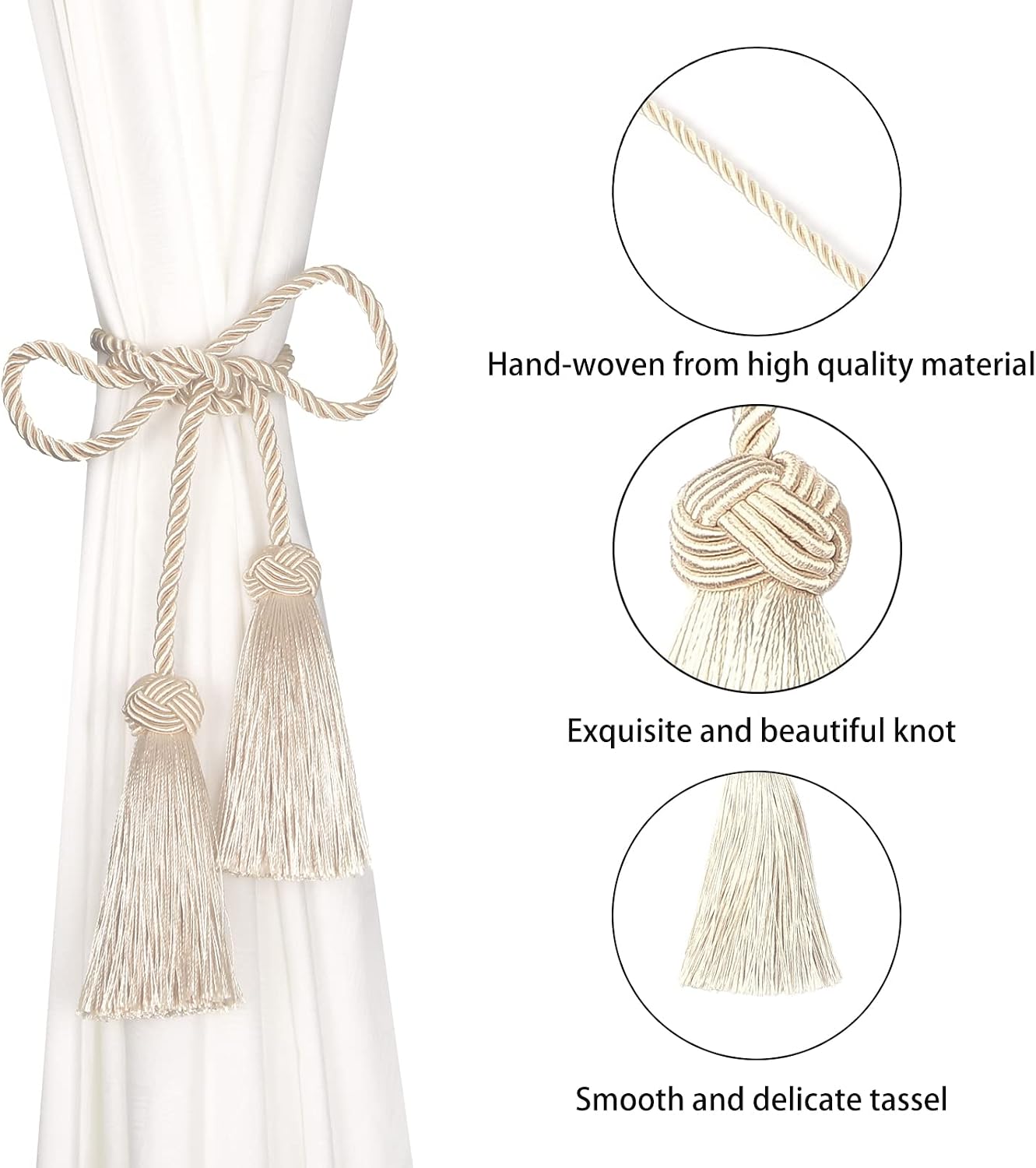 BEL AVENIR 6 Pack Handmade Rope Tassel Curtain Tiebacks | Decorative Curtain Holdbacks with Tassel (Beige, 6 Pack)
