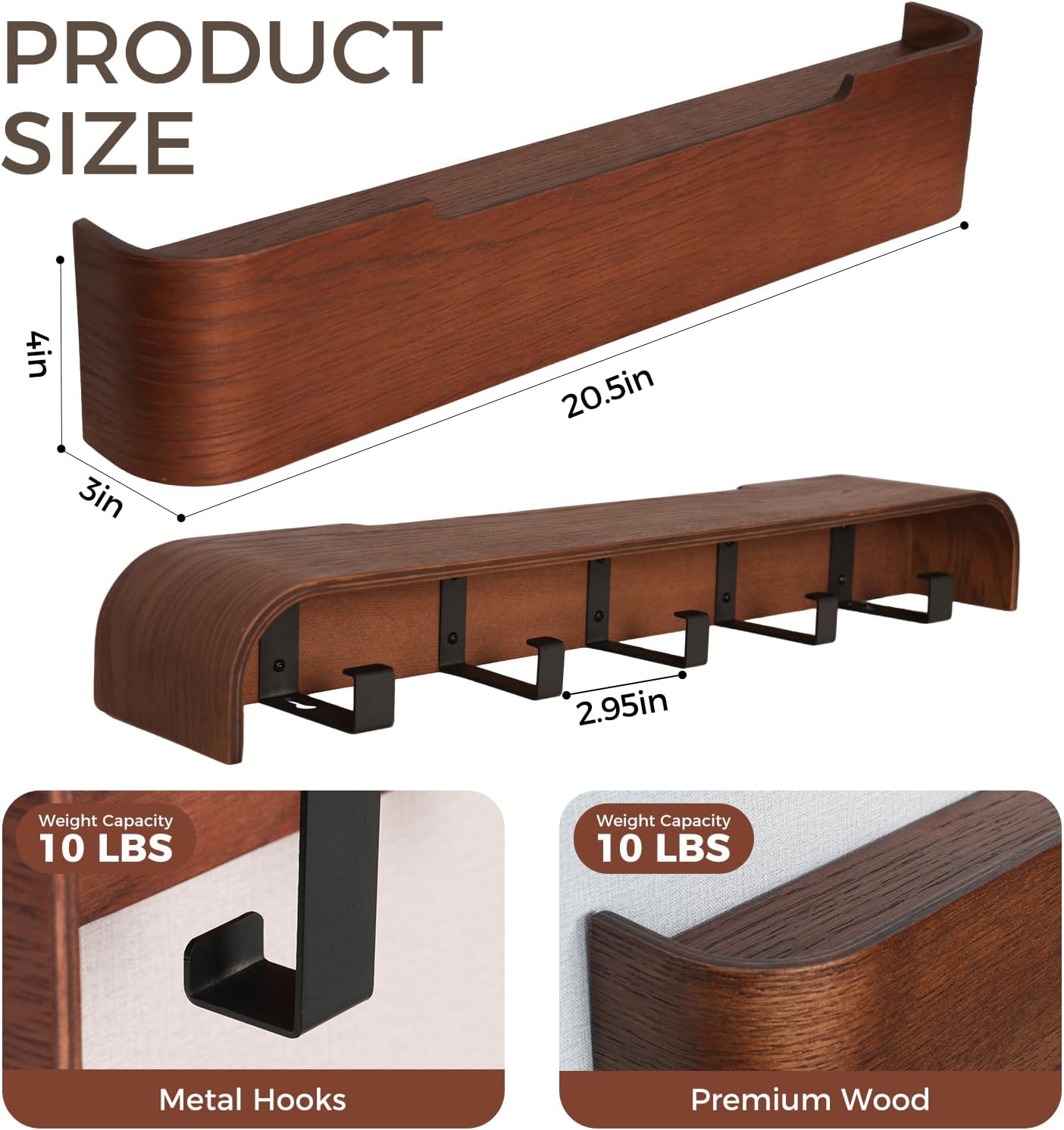 Shelf Entryway Shelf Modern Key Holder Hanger Wall Shelves / Walnut Color / 5 Hooks