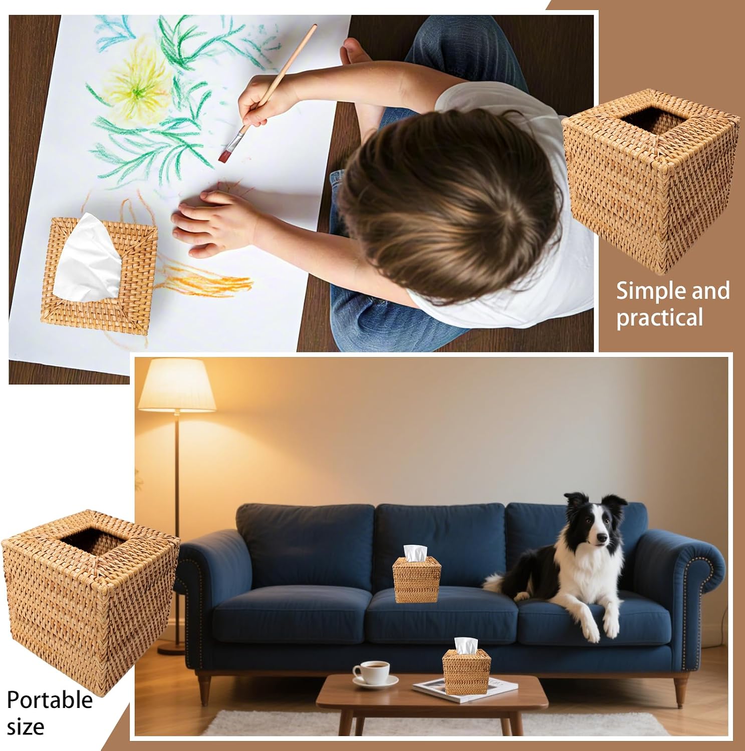 Square Rattan Tissue Box Cover Decorative Hand Wicker Woven Tissue Box Holder / Natural / Set of 3