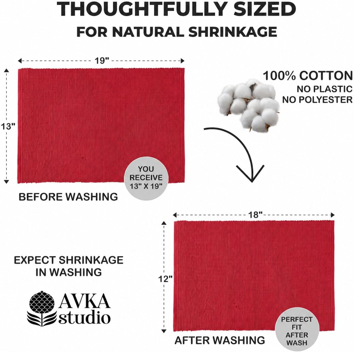 100% Cotton Ribbed Placemats - Set of 6-13 x 19 Inch - Red - Everyday/Christmas Fabric Table Mats - Thick Construction