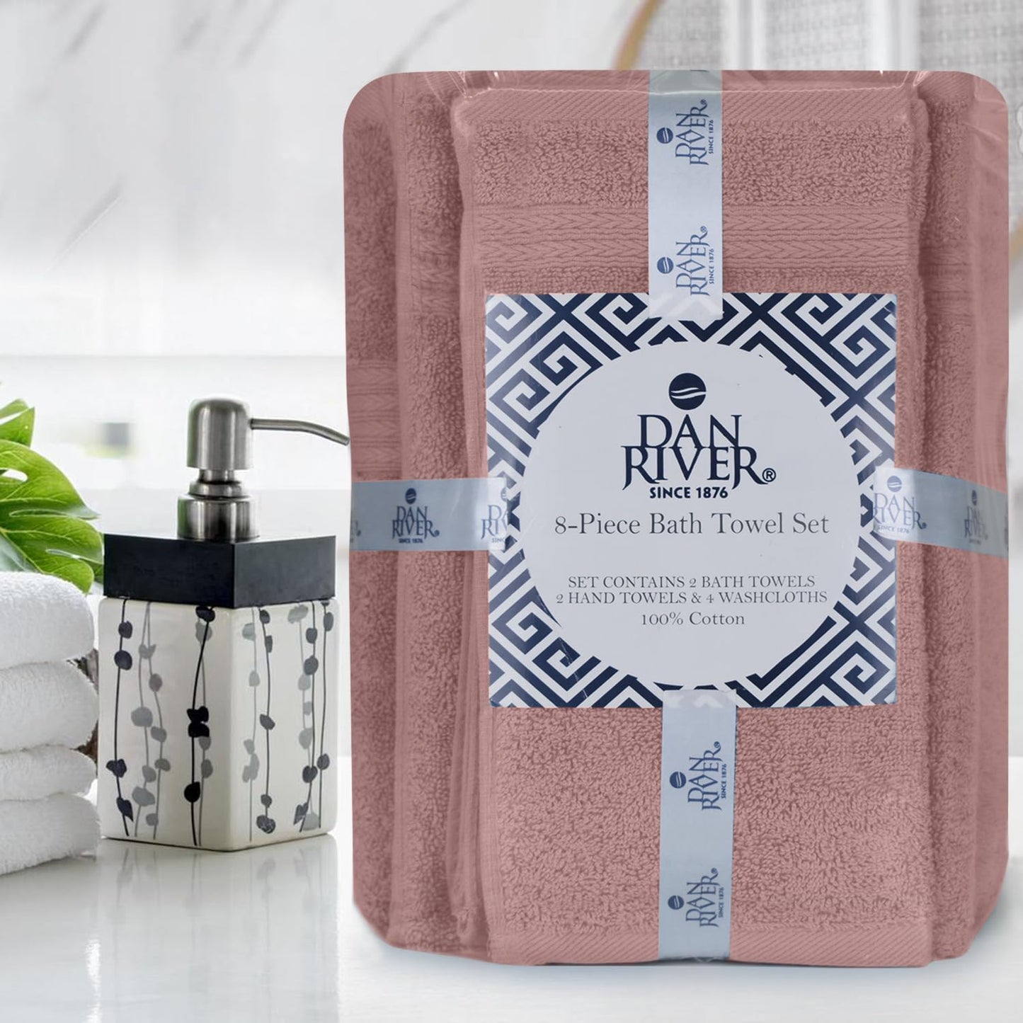 DAN RIVER 8 Piece Luxury Bath Towels for Bathroom, Towel Set, Dusty Rose | 2 Bath towels, 2 Hand towels, and 4 Wash