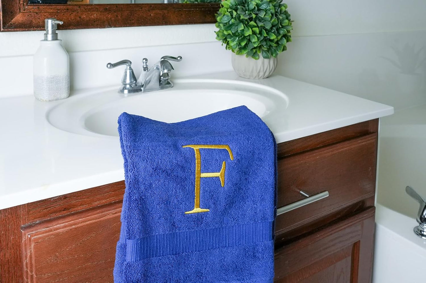 Navy with Gold Monogrammed Hand Towels for Bathroom - Set of 2 Letter F | Luxury Hotel Quality Initial Towels For