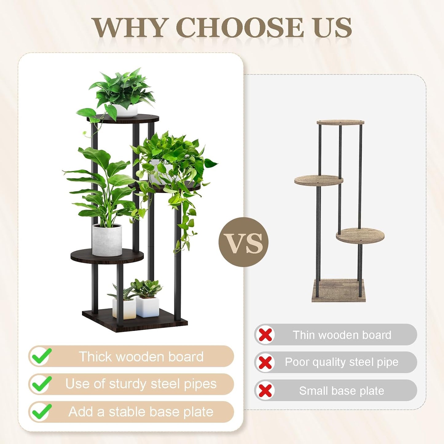 4 Tier Plant Stand Indoor, Metal Wooden Tall Plant Shelf Flower Pot Stand for Multiple Plants, Corner Flower Holder