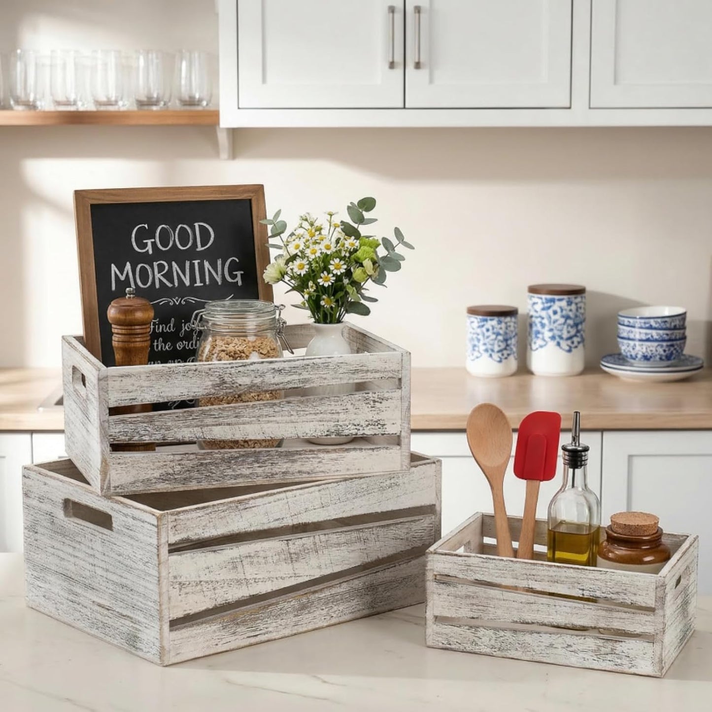 Rustic Nesting Container Bin / White / Set of 3
