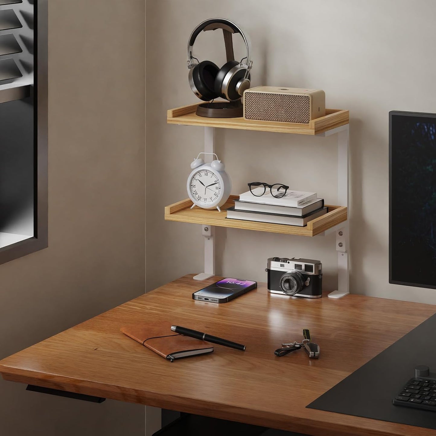 Clamp On Desk Shelf 2-Tier, 12.6 inch Wood Shelving Unit for Office Desk/Gaming Accessories, Tabletop Book Storage