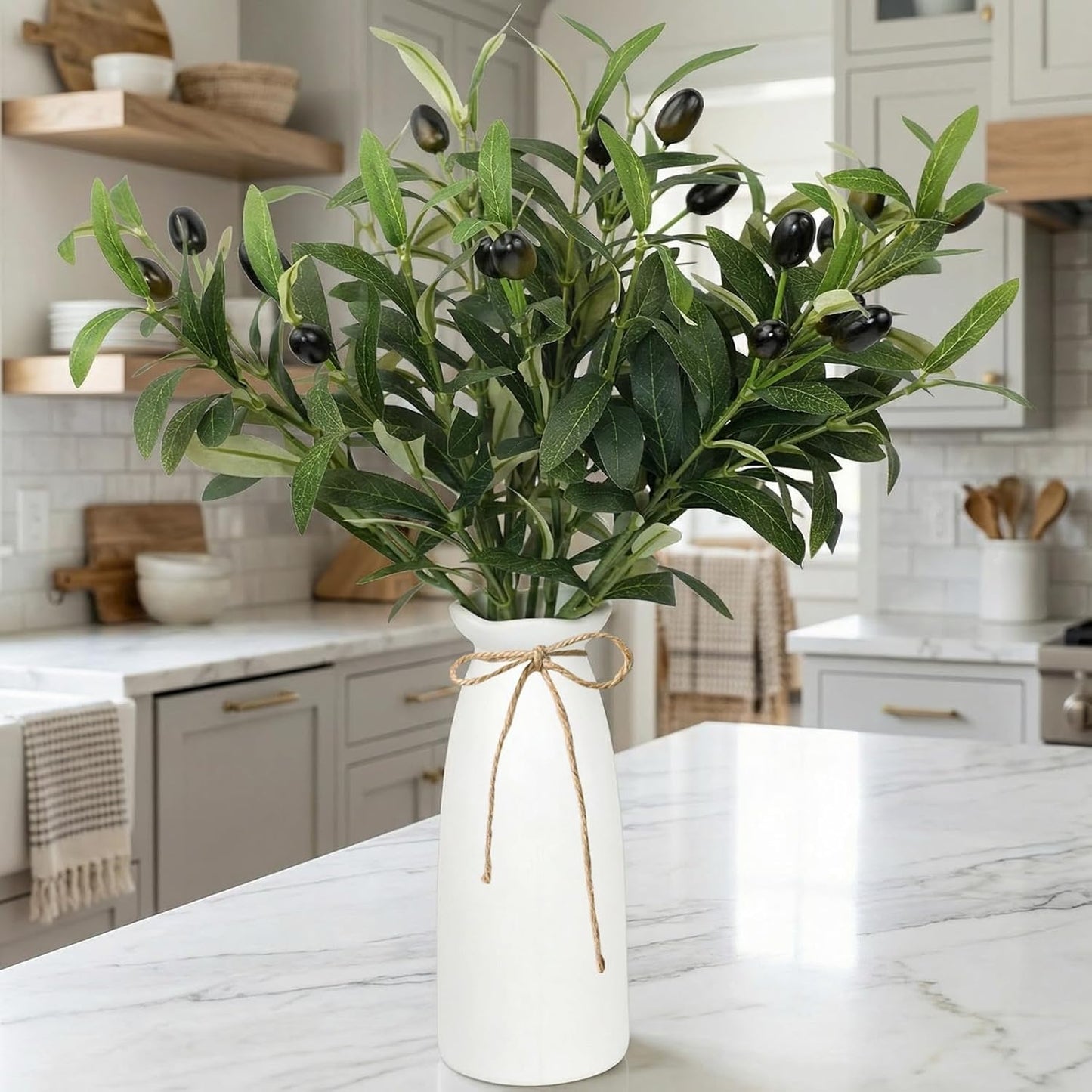 Ceramic Vase / Artificial Plant Olive Branch in Vase / Olive Green / Set of 5