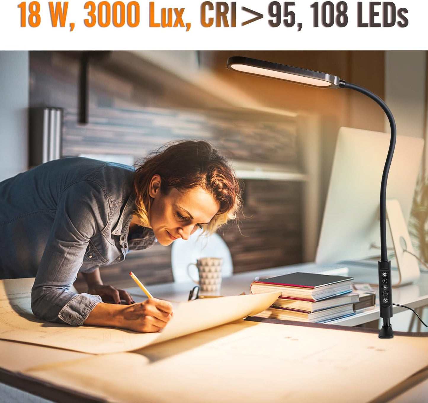 18W 3000LM LED Clamp Desk Lamp | CRI 95 Eye-Caring Light with Remote & Touch Control, 360 Flexible Gooseneck, 3 Color