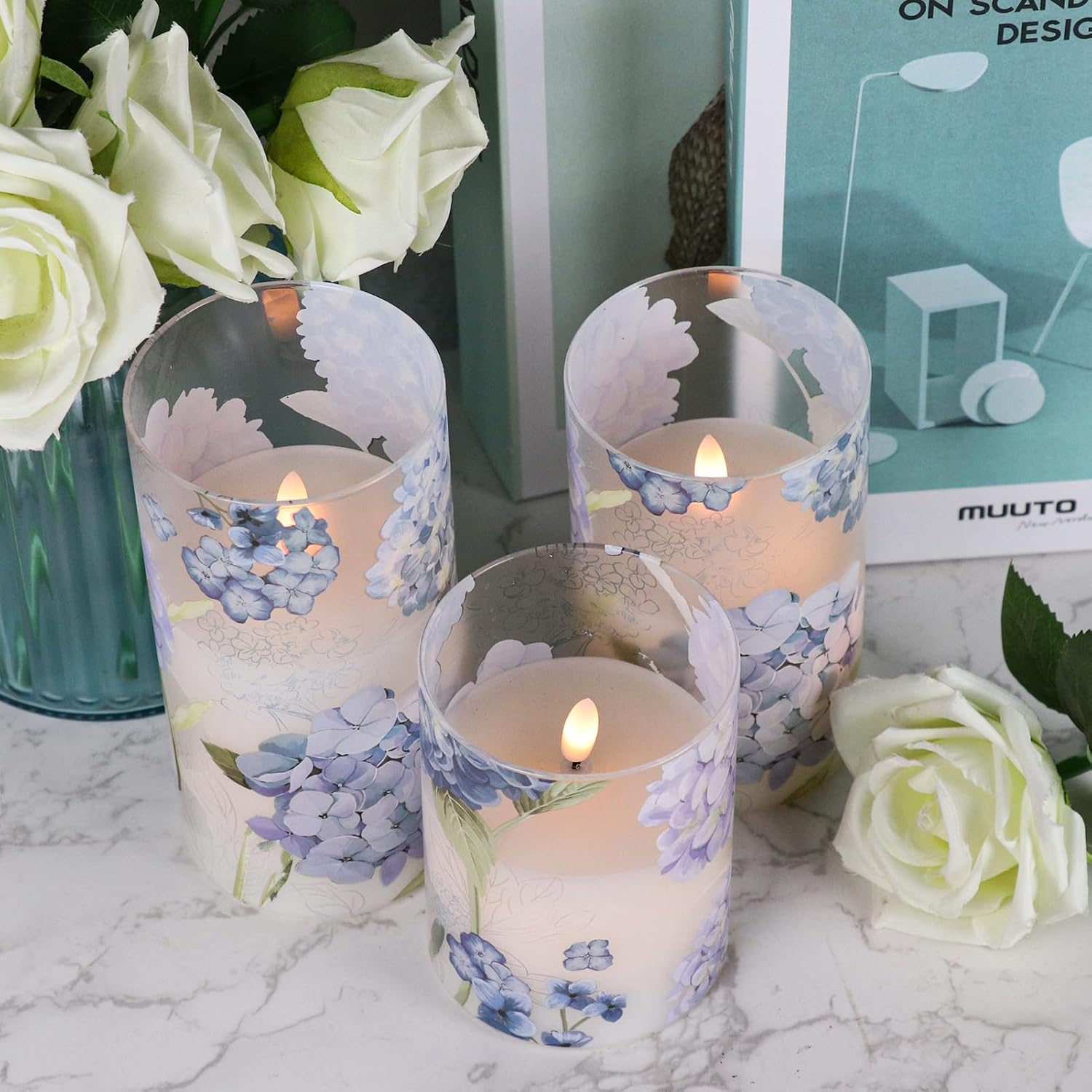Hydrangea Glass Flameless Candles Batttery Operated Remote Timer | LED Flickering Pillar Candles, Real Wax 400 Hours