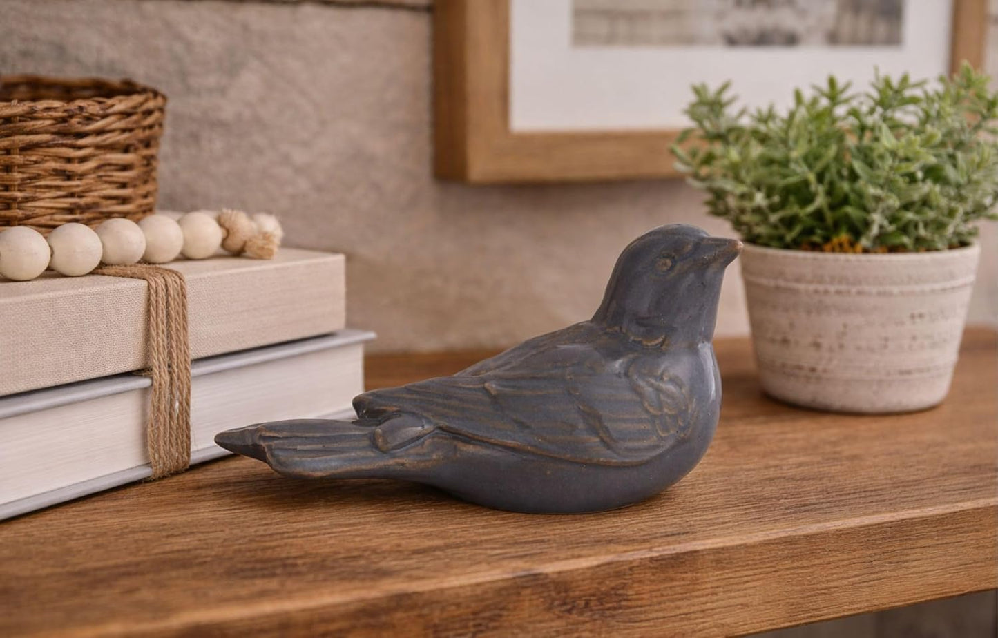 Ceramic Bird Figurine Gray Songbird / Blue
