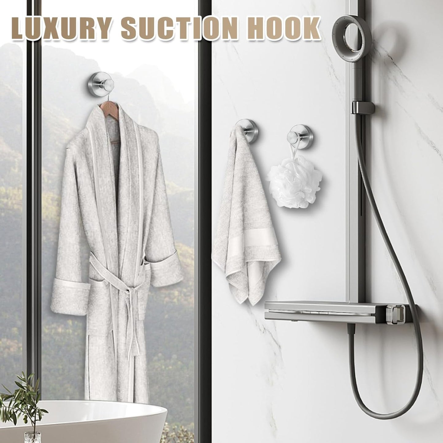 Suction Cup Hooks for Shower No-Drill Bathroom Hooks for Towels / Brushed Nickel / Set of 2