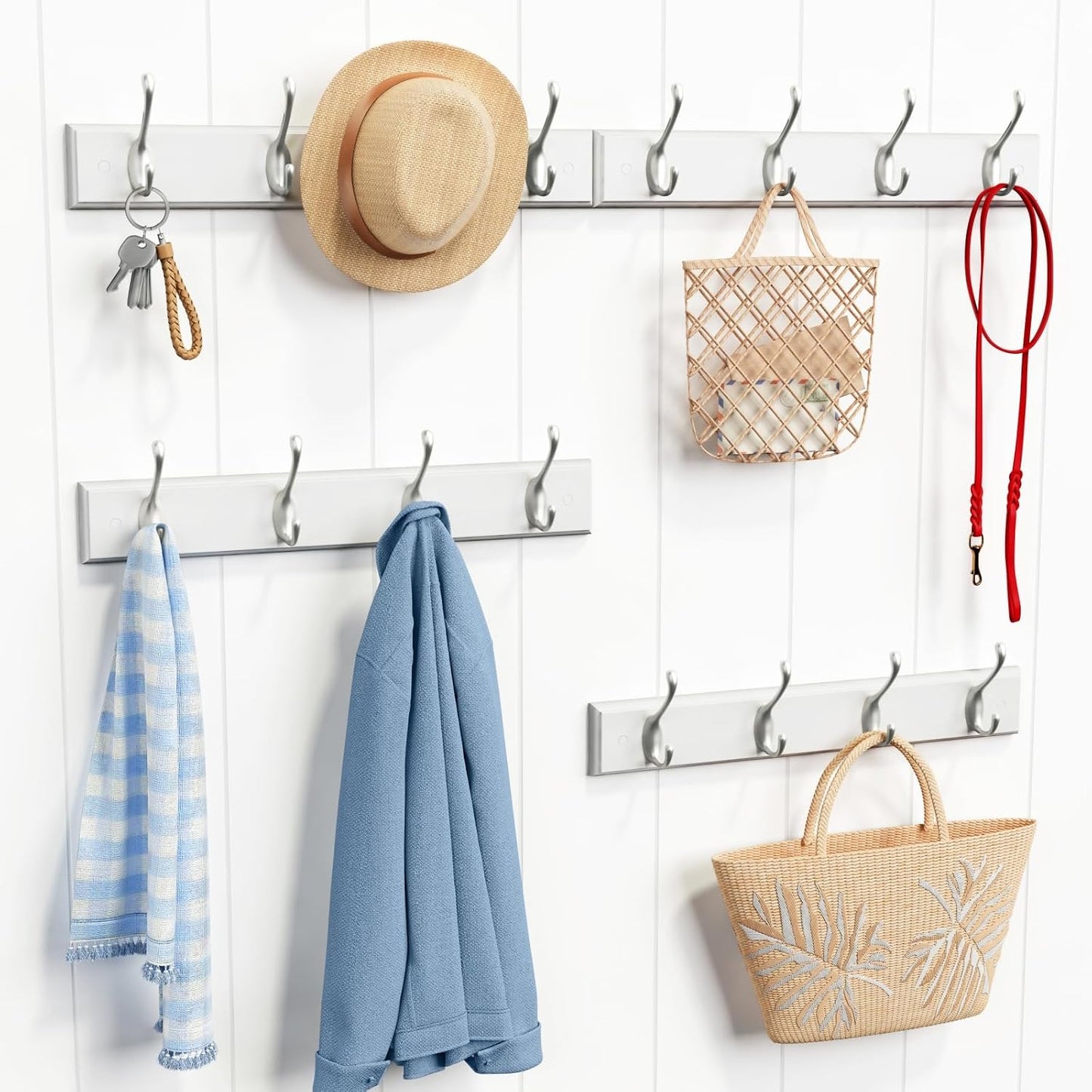 Forbena White Coat Rack Wall Mount 4-Pack, Coat Hanger Wall Mounted for Hanging Clothes Purse, Modern Key Holder Hooks