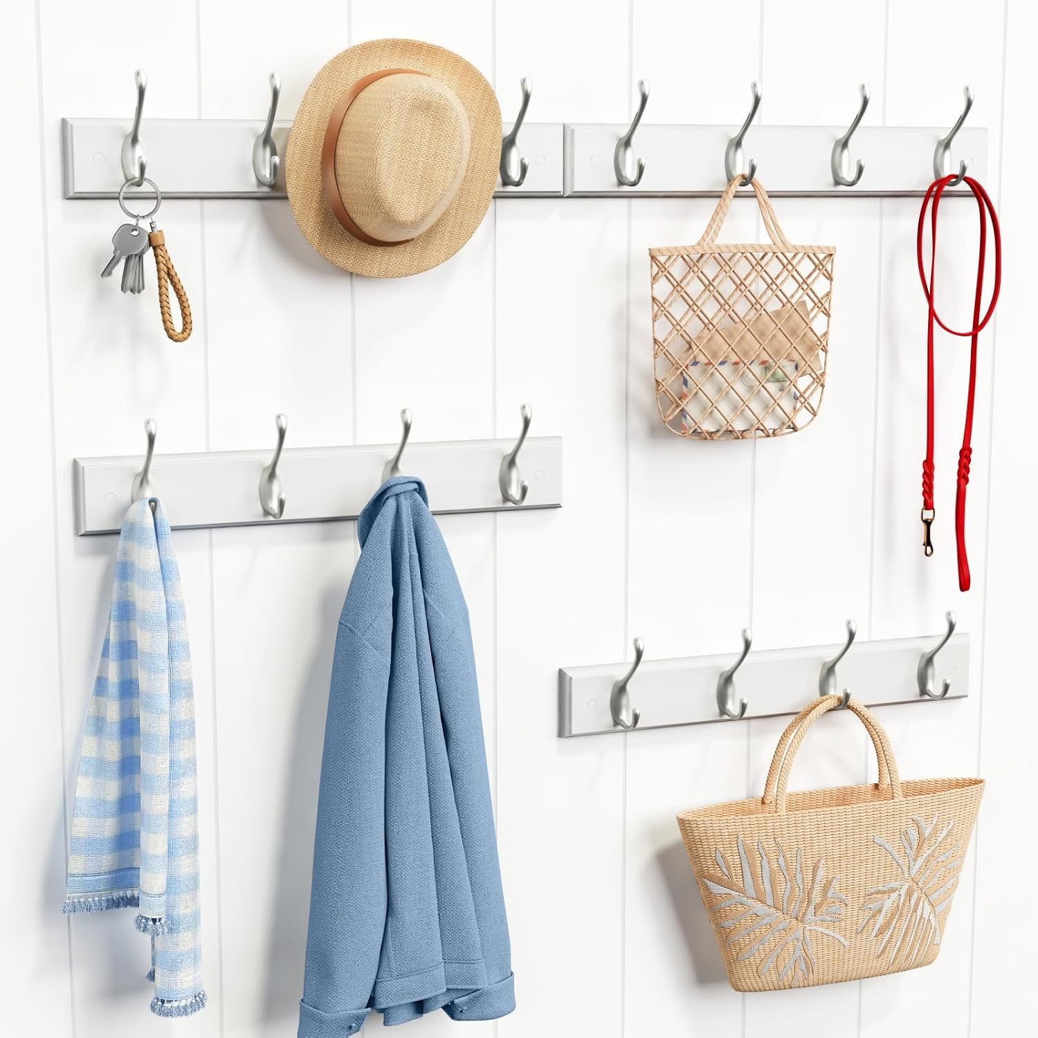 Forbena White Coat Rack Wall Mount 4-Pack, Coat Hanger Wall Mounted for Hanging Clothes Purse, Modern Key Holder Hooks