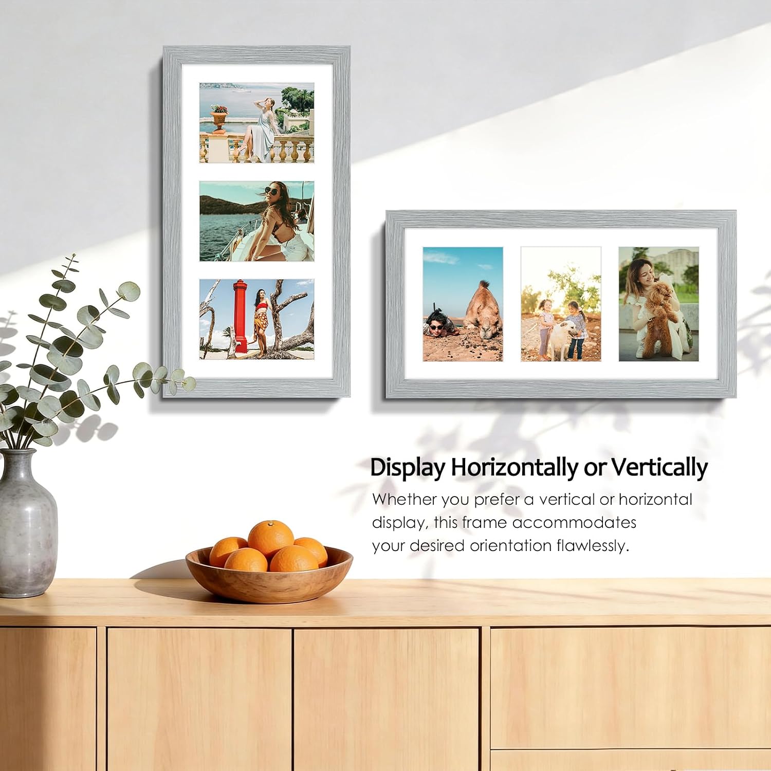 Golden State Art 9x18 Grey Wood Frame - for Three 5x7 Pictures, 3 Pack | Matted to 3 5x7 Picture,Solid Wood Collage