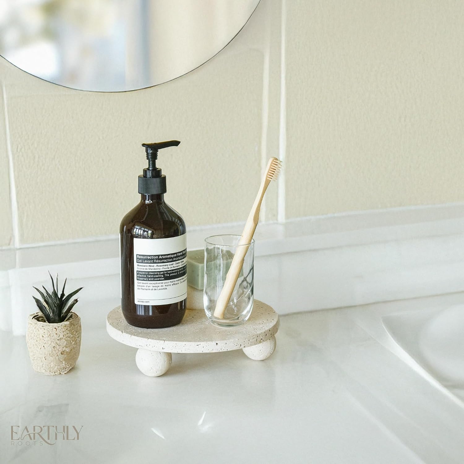 100% Travertine Footed Tray / Natural
