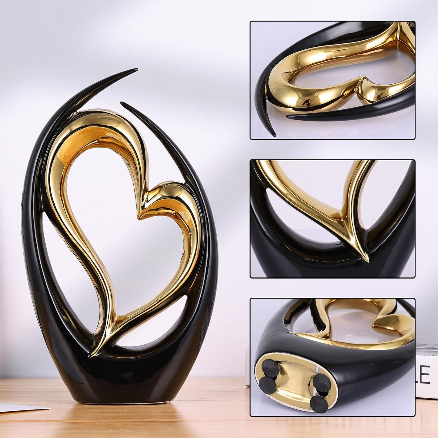 Heart Decor Ceramic Heart Statue Modern Shelves Knick Knacks Decor / Black and Gold