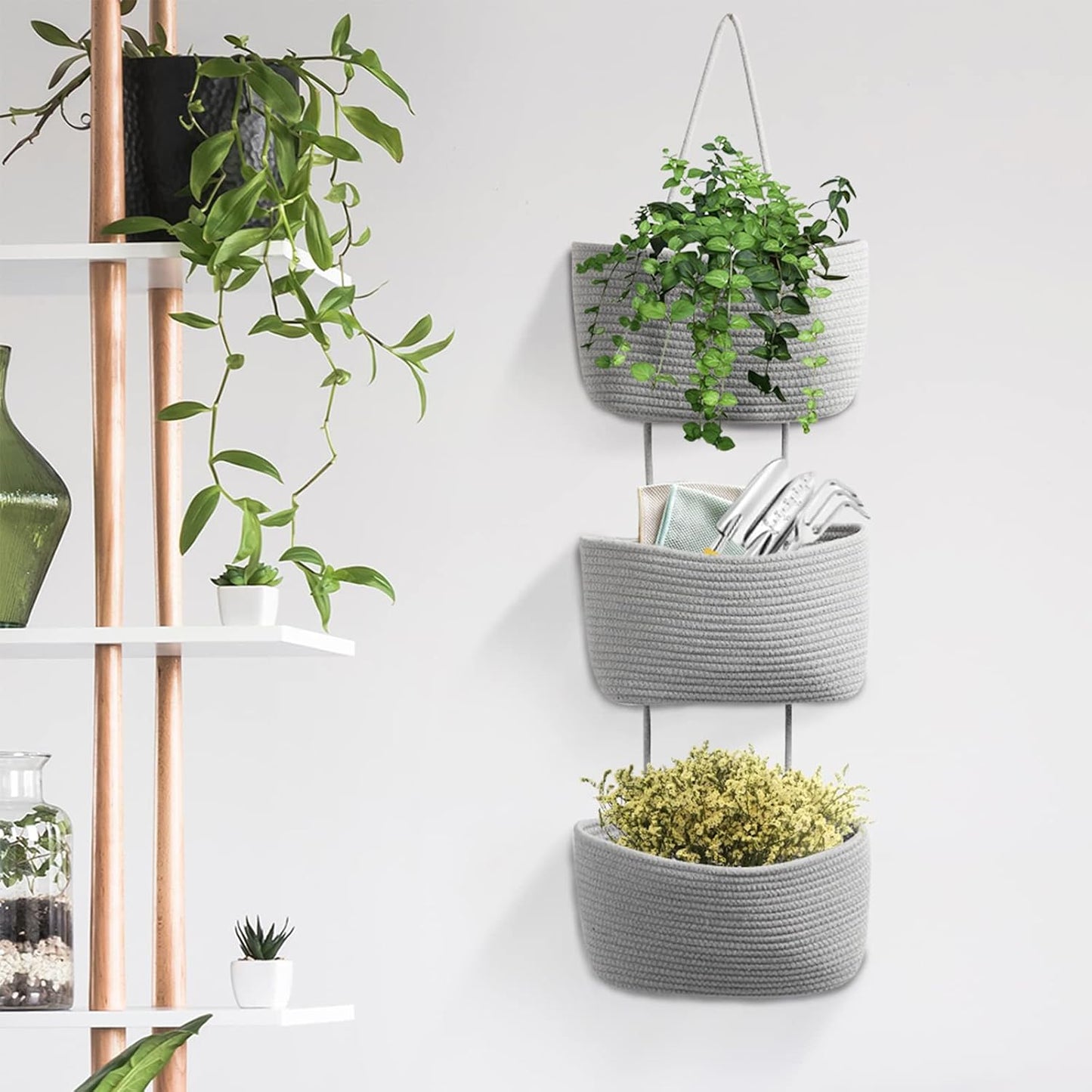 3-Tier Woven Cotton Wall-Mounted Storage Organizer Bag Decorative Hanging Nursery / Gray