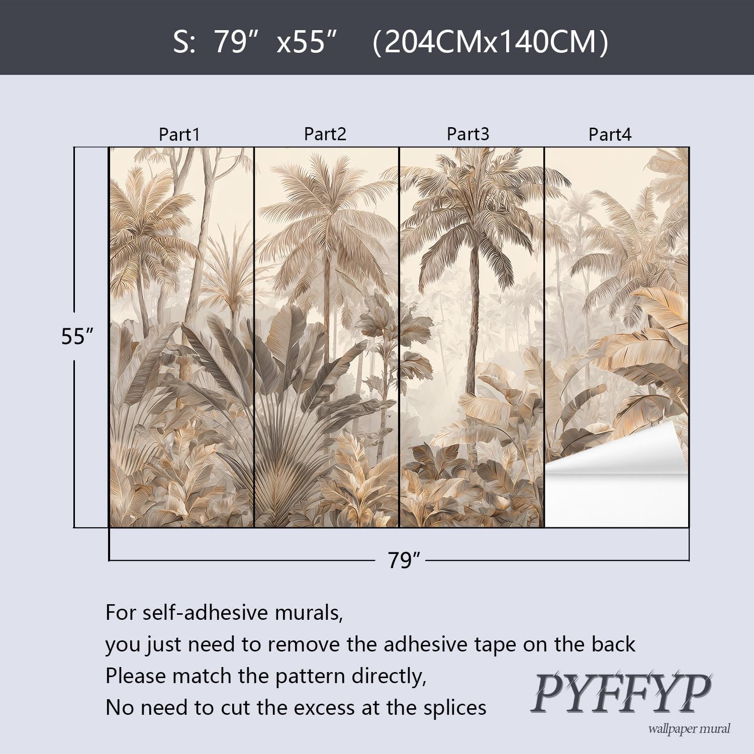Retro Tropical Jungle Plant Leaves Peel and Stick Wallpaper murals / Zz10 / 79 x 55
