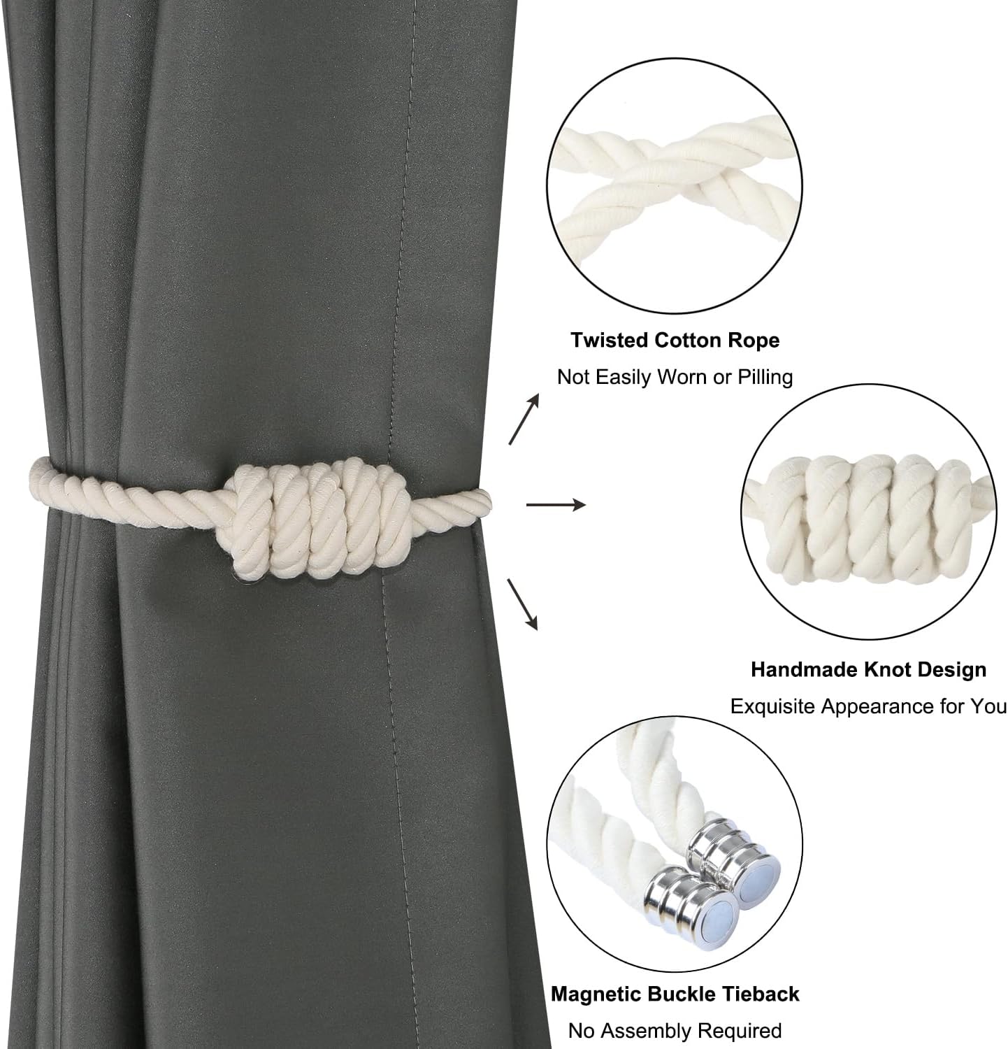 BEL AVENIR Magnetic Cotton Curtain Tiebacks 6 Pack Hand-Woven Curtain Ties | White Cotton Decorative Curtain Holdbacks
