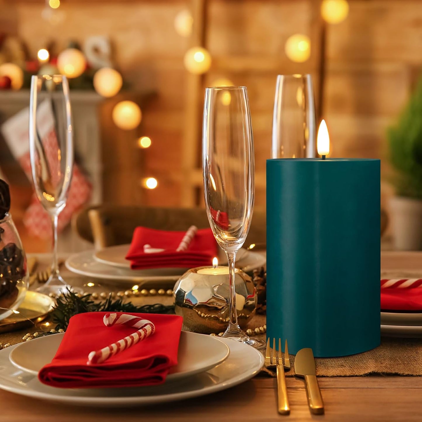 Green Flameless Pillar Candles with Remote Set of 3 | Flickering LED Candles, 2 AA Battery Power, Flat Top Real Wax