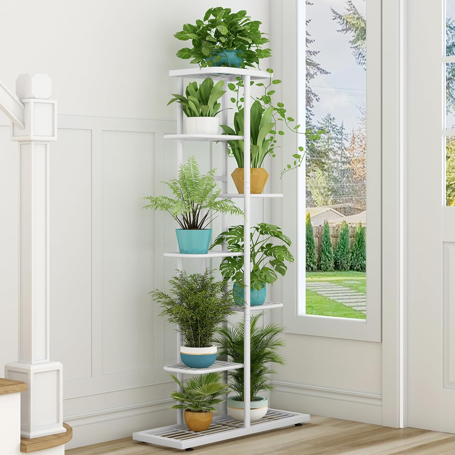 LINZINAR 7 Tier Plant Stand Indoor Outdoor Metal Flower Pot Display Shelf | Space Saving,8 Potted Multiple Flower Pot