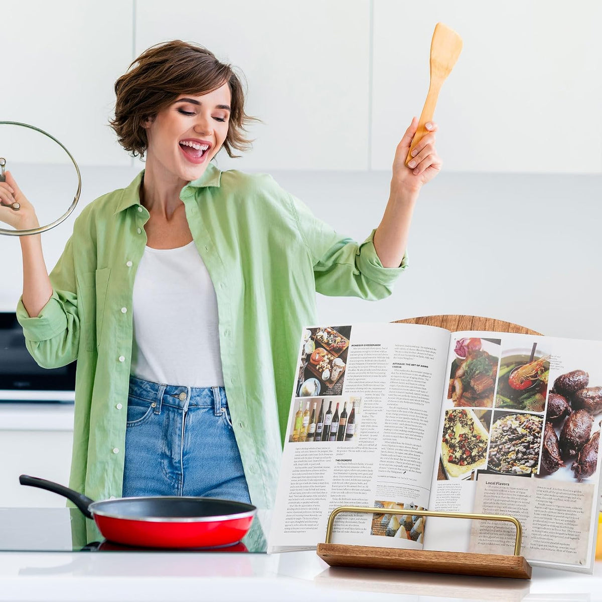 Cookbook Stand for Kitchen Counter Decor - Adjustable Cookbook Holder | 9"L×11"H Wooden Cook Book Stand, Recipe Book