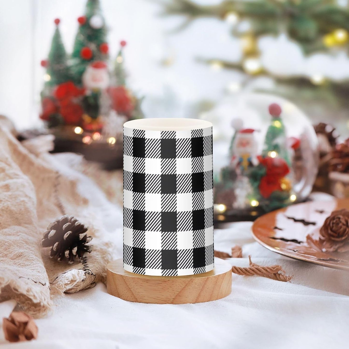 Flickering Flameless Candles, Black White Buffalo Plaid LED Candles with Remote Timer, Set of 2 Battery Operated Candle