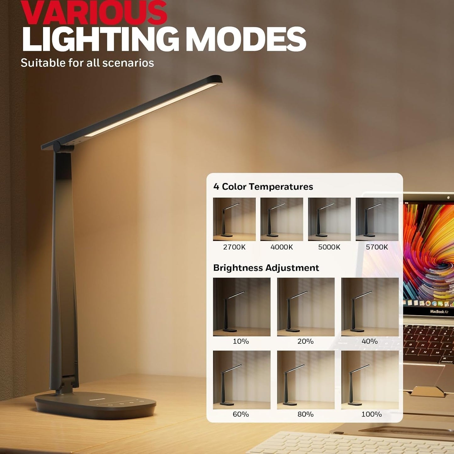 Honeywell HWT-H2 LED Desk Lamp, Eye-Caring Full Spectrum, USB Charging | CRI94 Full Spectrum Eye-Caring Light, Low Blue