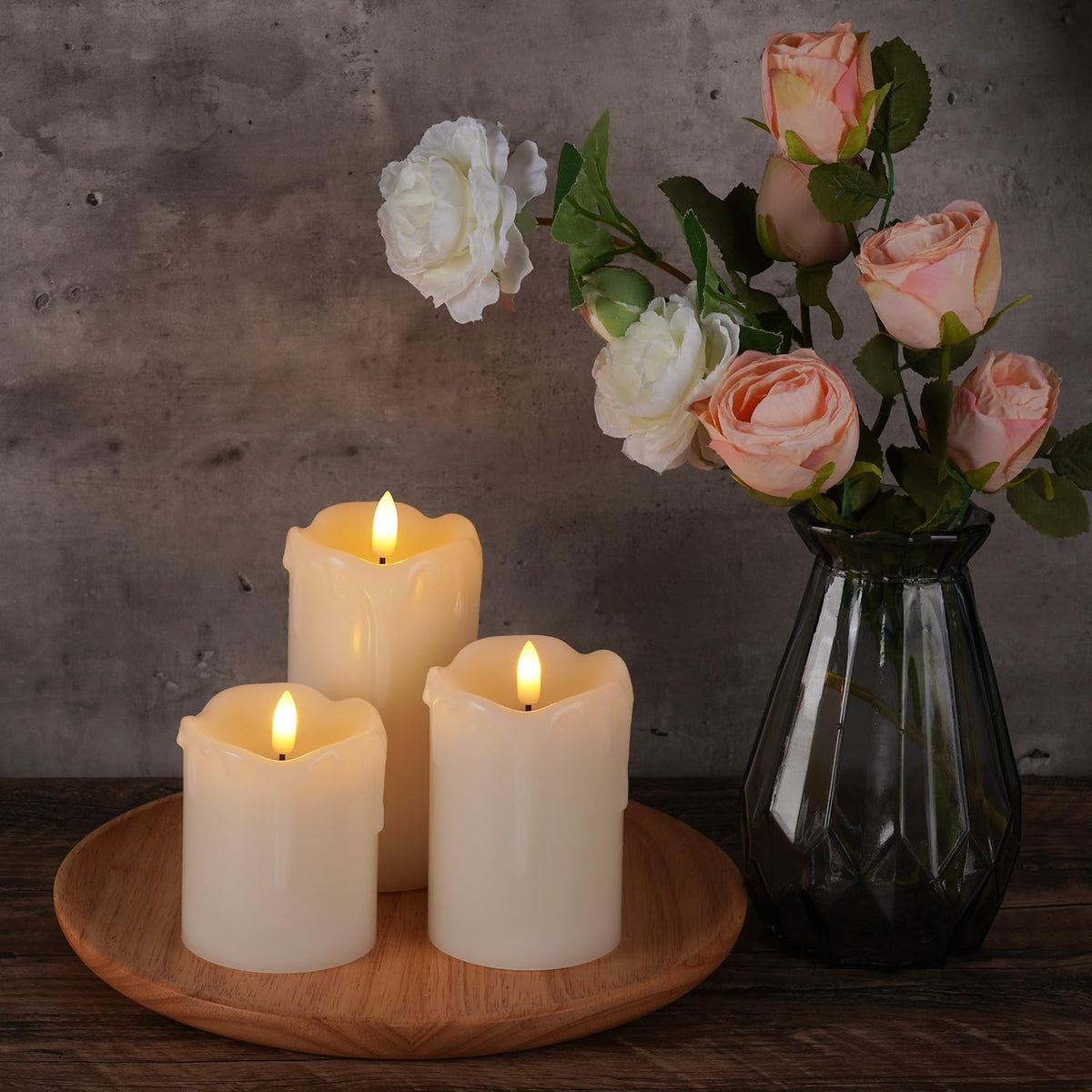 Homemory Dripping Wax Flameless LED Pillar Candles, Battery Operated with Remote Control and Timer, Set of 3, 5" H x 4"